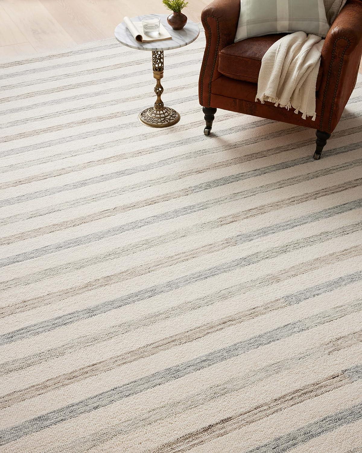 Ivory Stripe High Pile Hand-Tufted Wool Area Rug