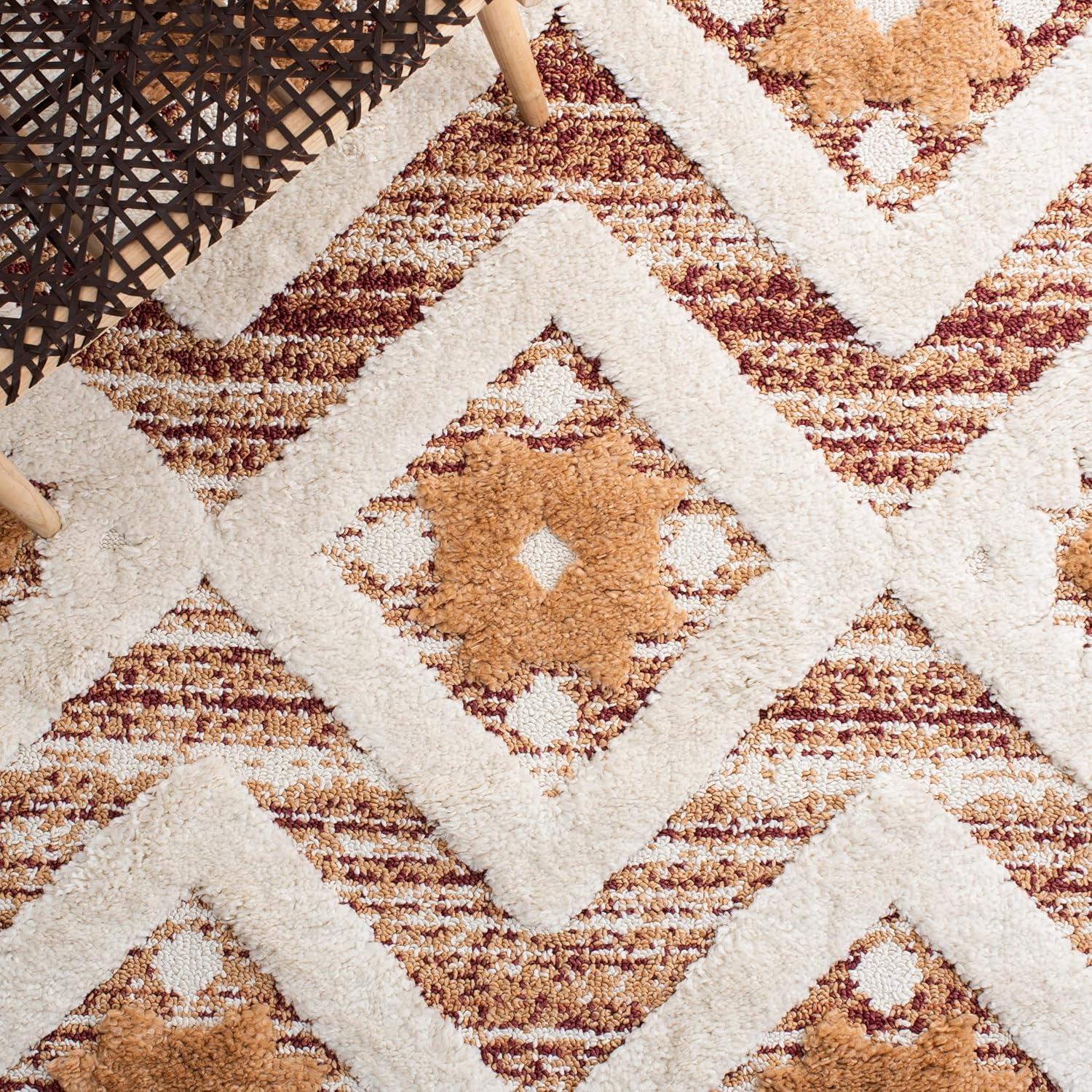 SAFAVIEH Moroccan Tassel Dawson Geometric Shag Area Rug, Rust/Ivory, 5'3" x 5'3" Round