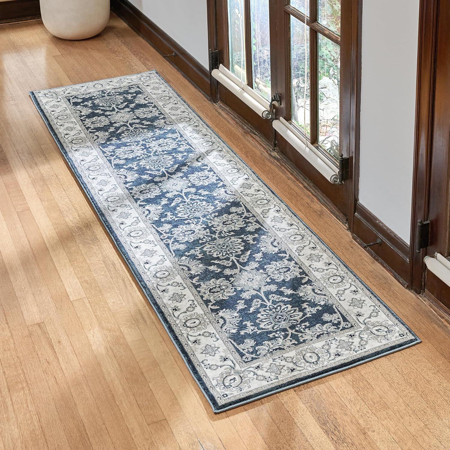 Majestic Moena Navy Blue Traditional Floral Oriental Border Area Rug