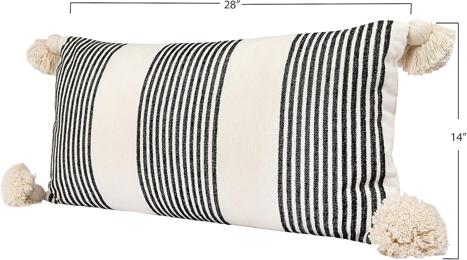 Creative Co-Op Cotton and Chenille Woven Striped Lumbar Pillow with Tassels, Black and Cream