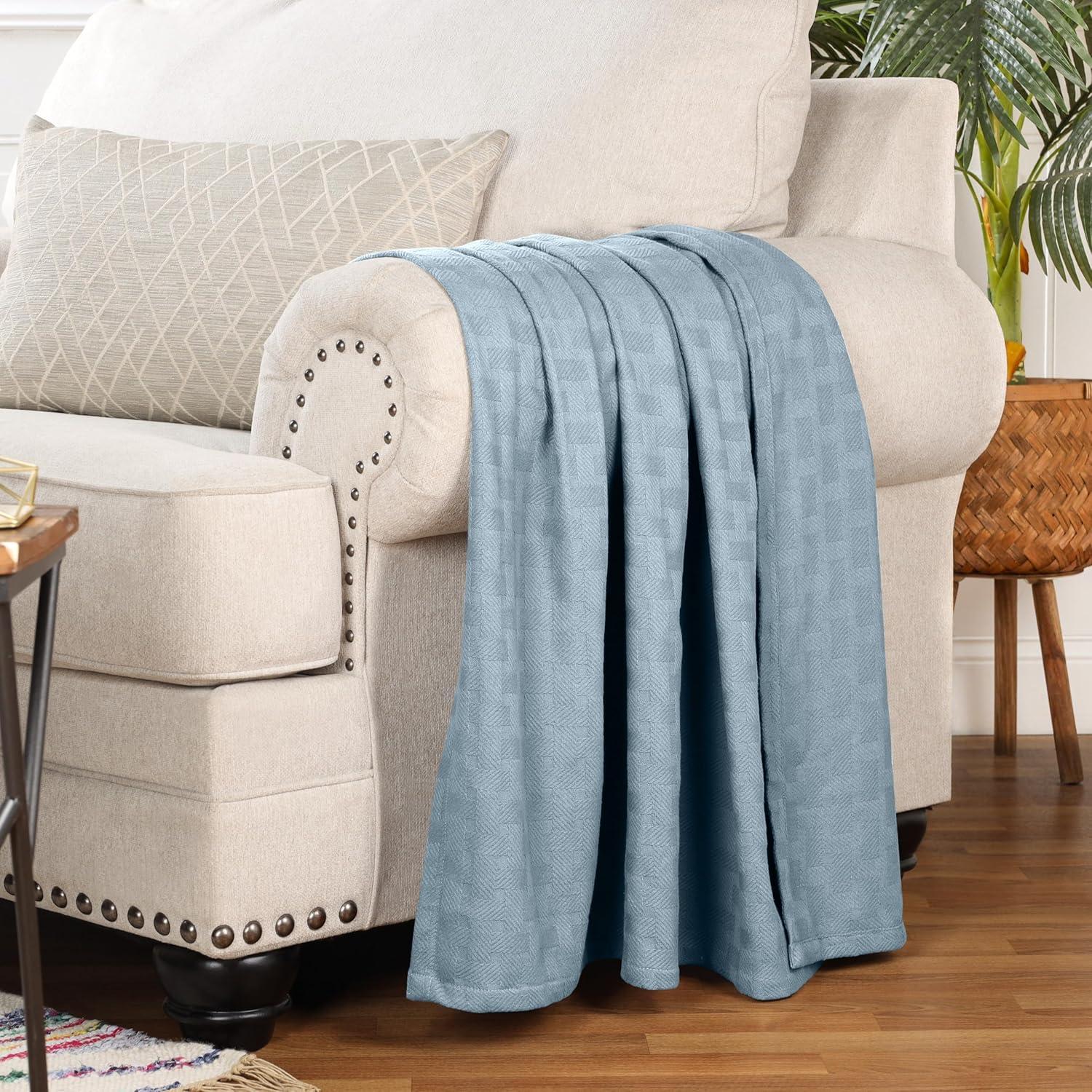 Superior Basketweave Cotton Blanket, Full/Queen, Light Blue