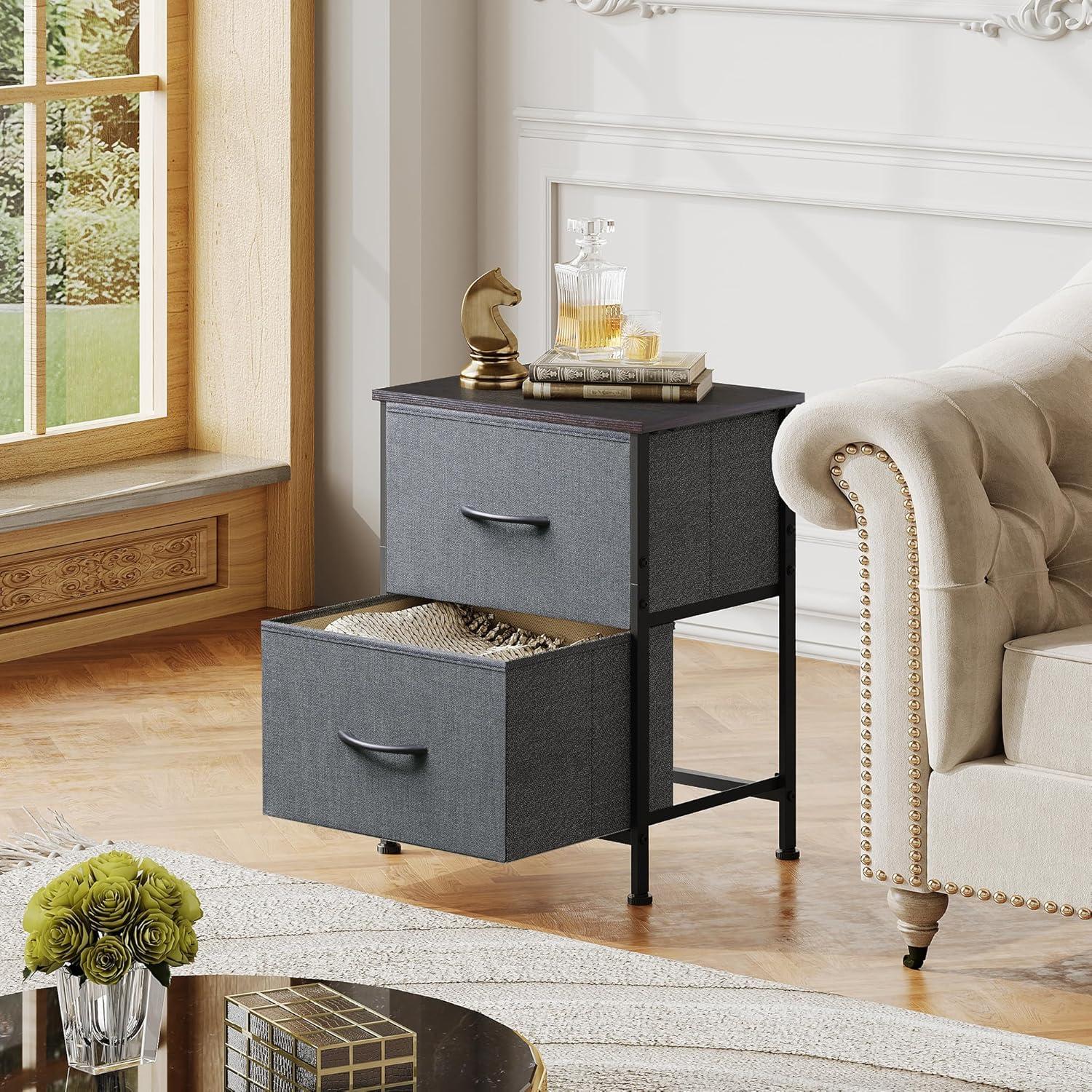 Dark Grey Fabric and Steel 2-Drawer Nightstand