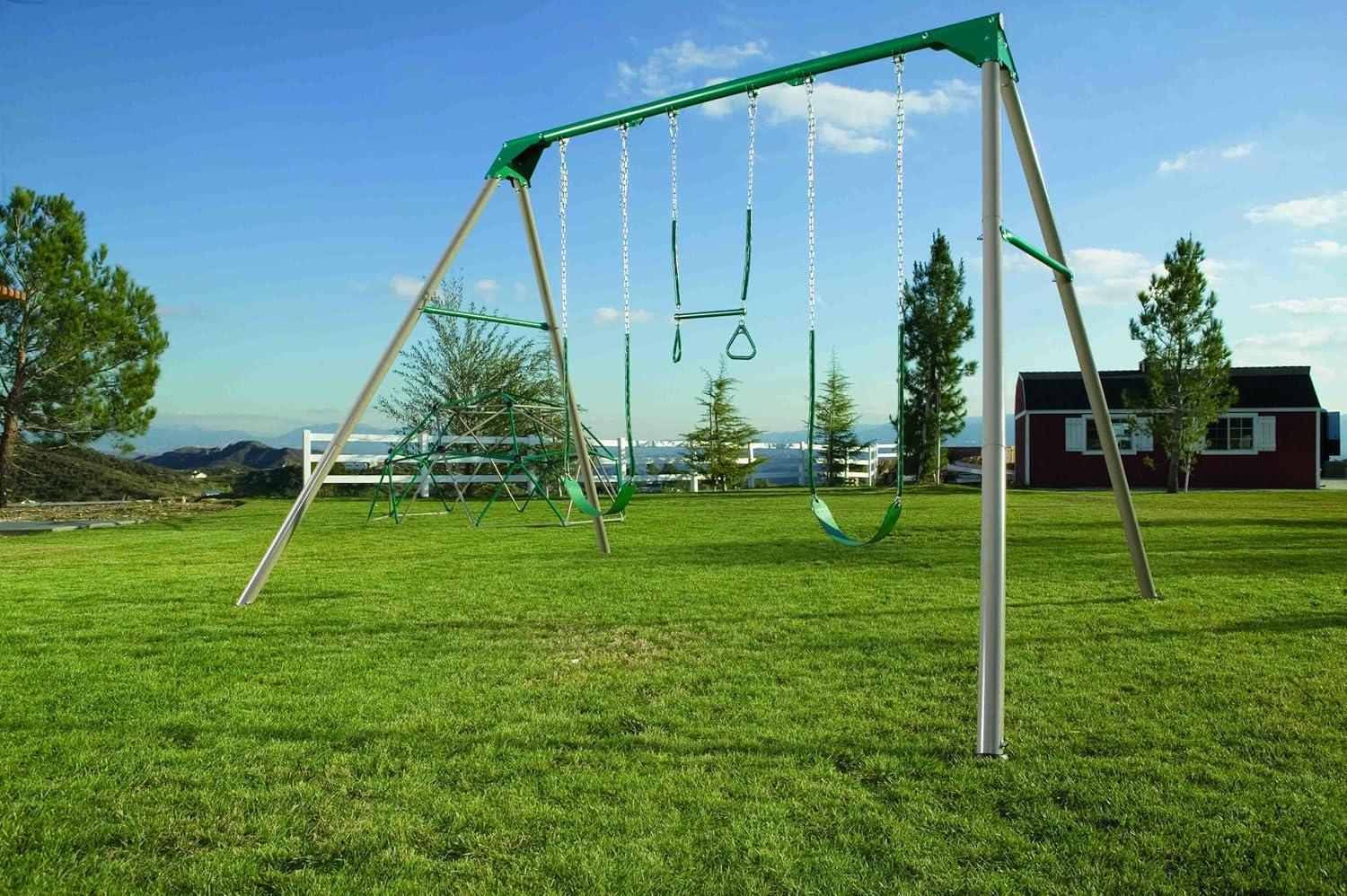 Heavy Duty Green and Silver Metal Swing Set with Trapeze