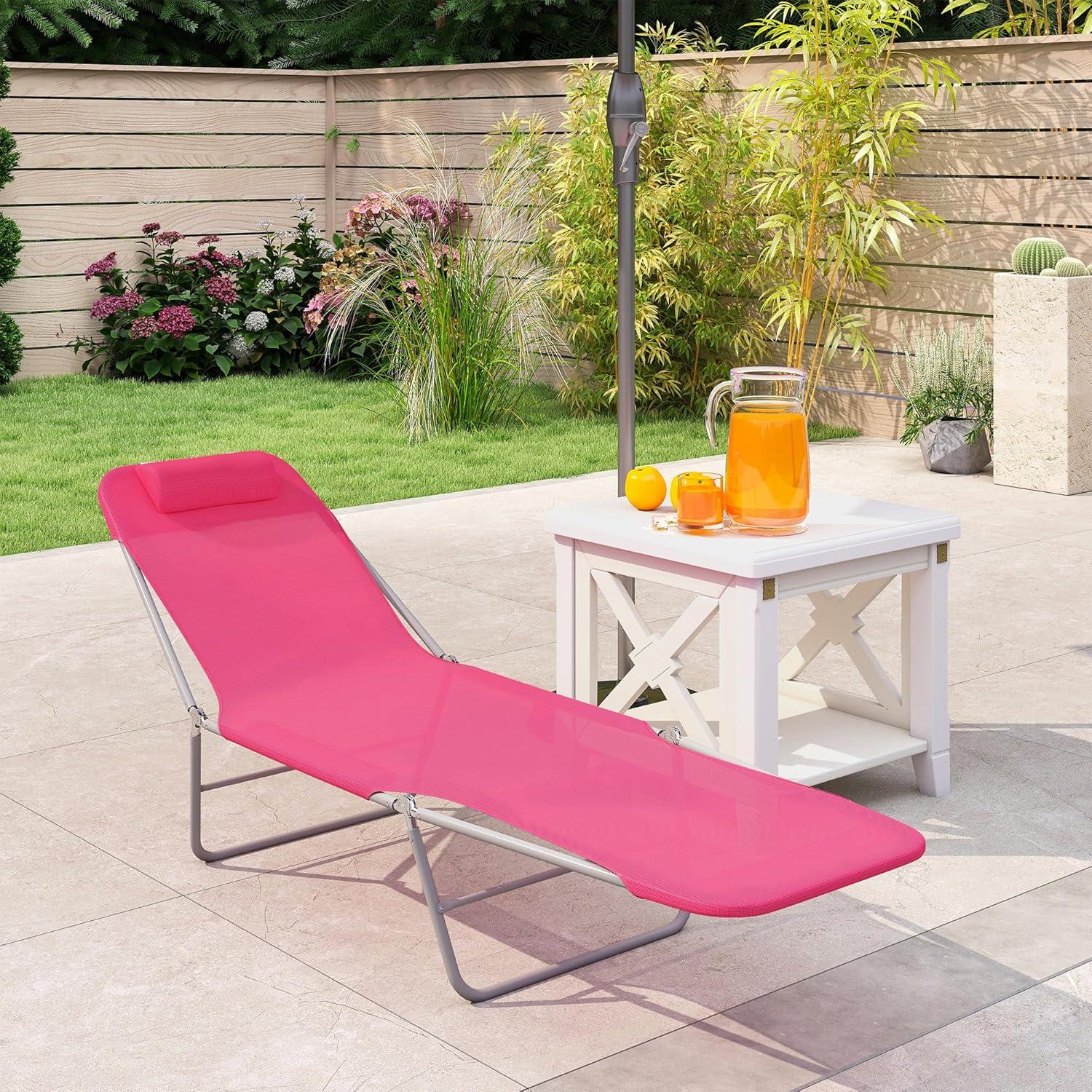 Outsunny Foldable Outdoor Chaise Lounge Chair, 5-Level Reclining Camping Tanning Chair with Breathable Mesh Fabric and Headrest, Pink