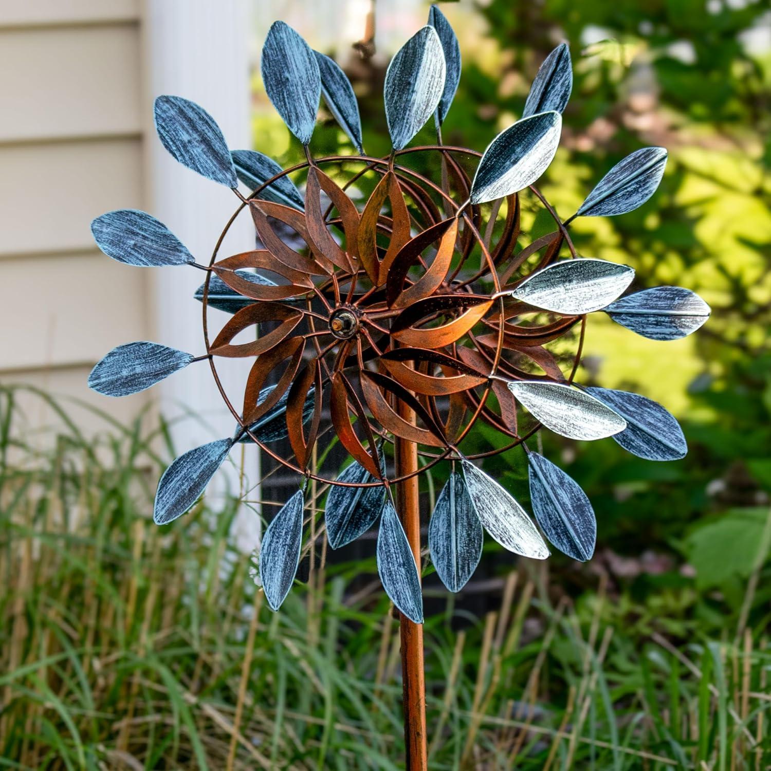 Blue and Brown Iron Dual-Blade Garden Wind Spinner