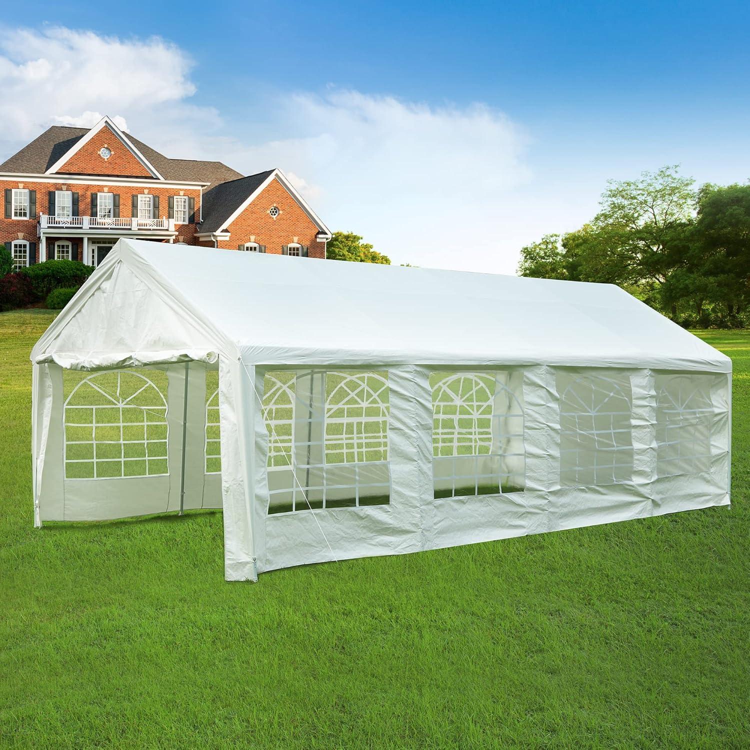 Dextrus 13' x 26' Heavy Duty Gazebo Outdoor Party Tent Canopy Carport Shelter with Removable Sidewall Windows, White