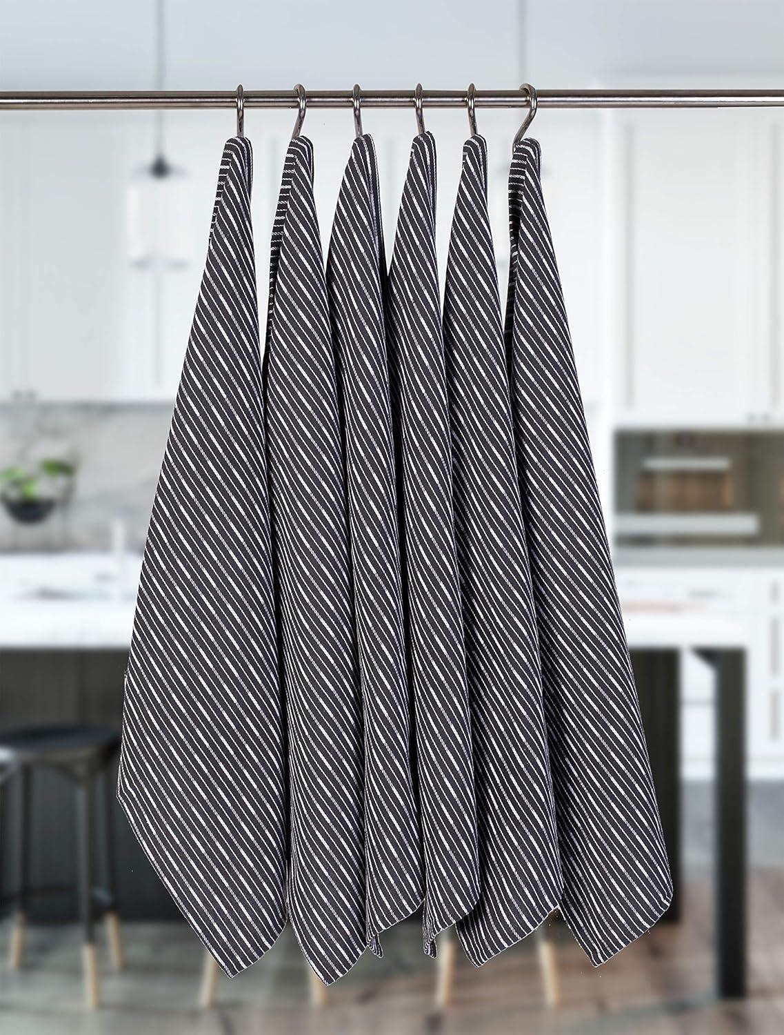 Lavish Touch Brookyn Stripe Kitchen Towel 18x28 inch,100% Cotton, Set of 6 Charcoal