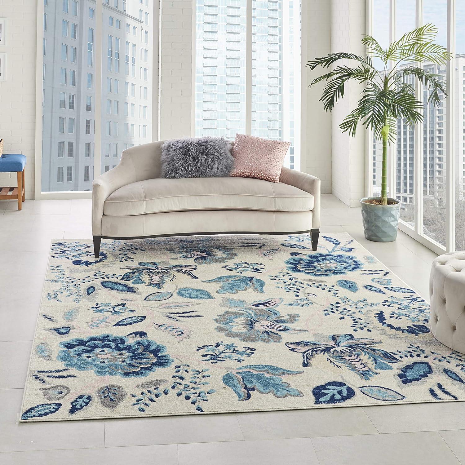 Elegant Ivory and Light Blue Floral 8' x 10' Synthetic Area Rug