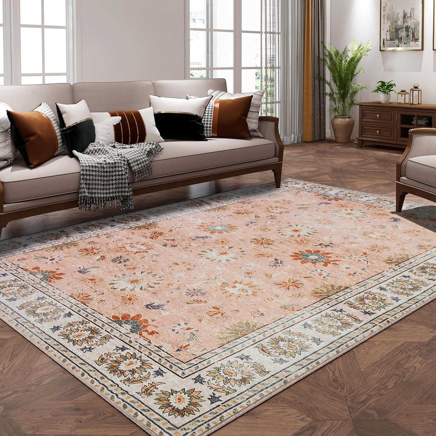 Hasoo Area Rug 5' x 7' Washable Modern Floral Rugs for Living Room Non-Slip Accent Carpet Pink