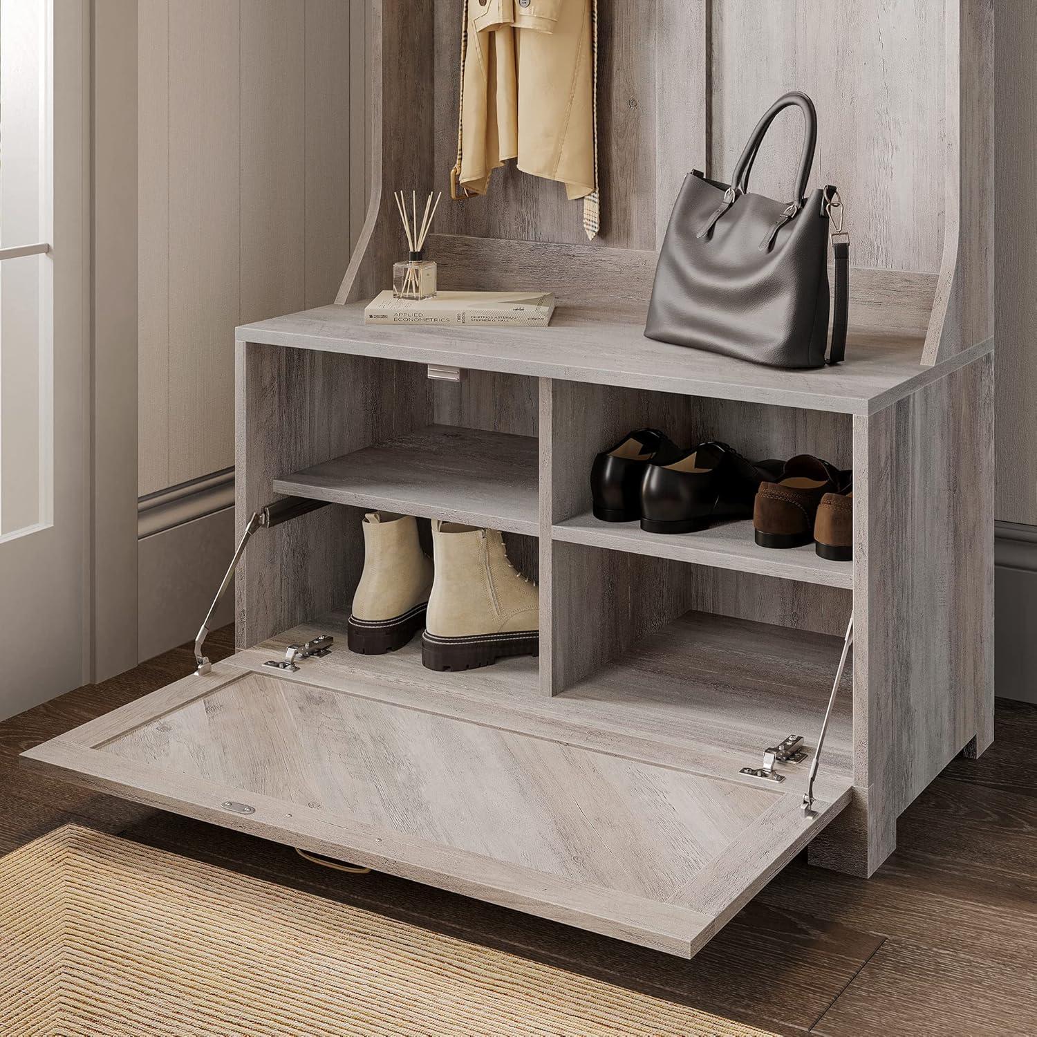 BELLEZE Hilo Hall Tree, 3-in-1 Coat Rack, Storage Bench, Shoe Rack, Gray Wash