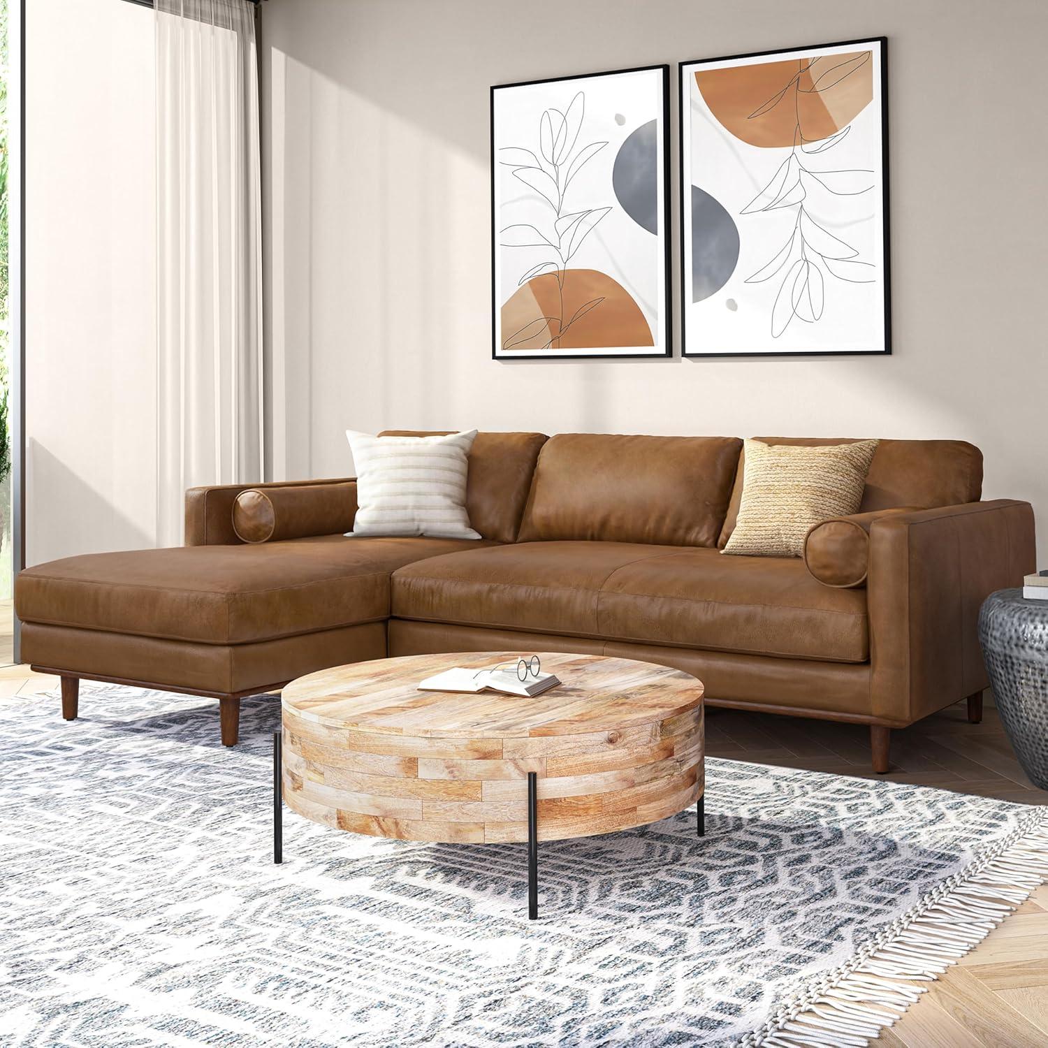 Caramel Brown Leather Left Sectional Sofa with Pillow-top Arm