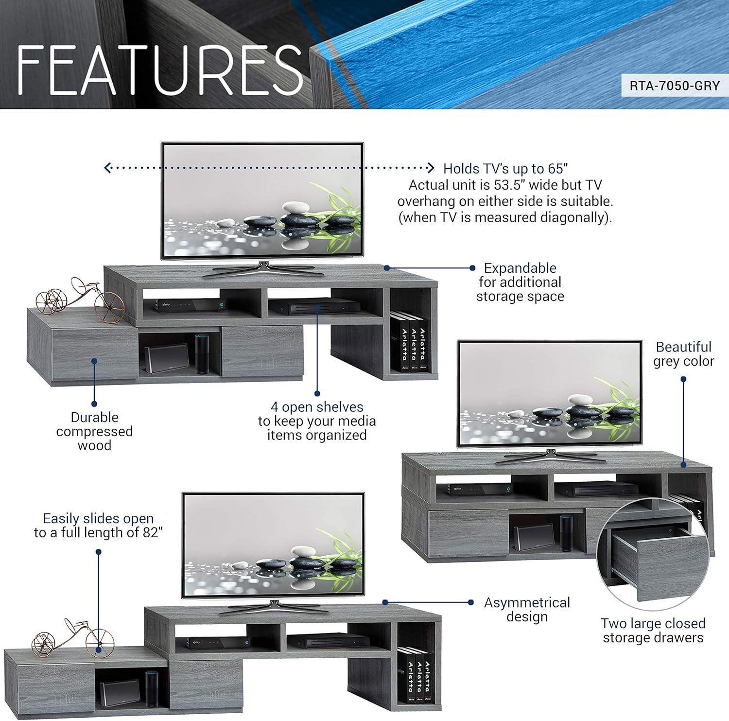 Adjustable TV Stand for TVs up to 65" Console Gray - Techni Mobili: Expandable, with Open Shelves & Metal Hardware