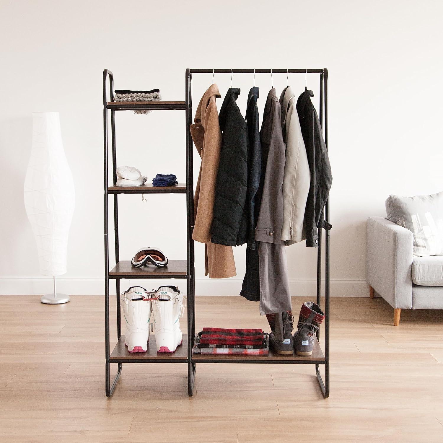 IRIS USA Garment Rack with Wooden Shelves for Hanging Clothes and Displaying Accessories Black and Dark Brown