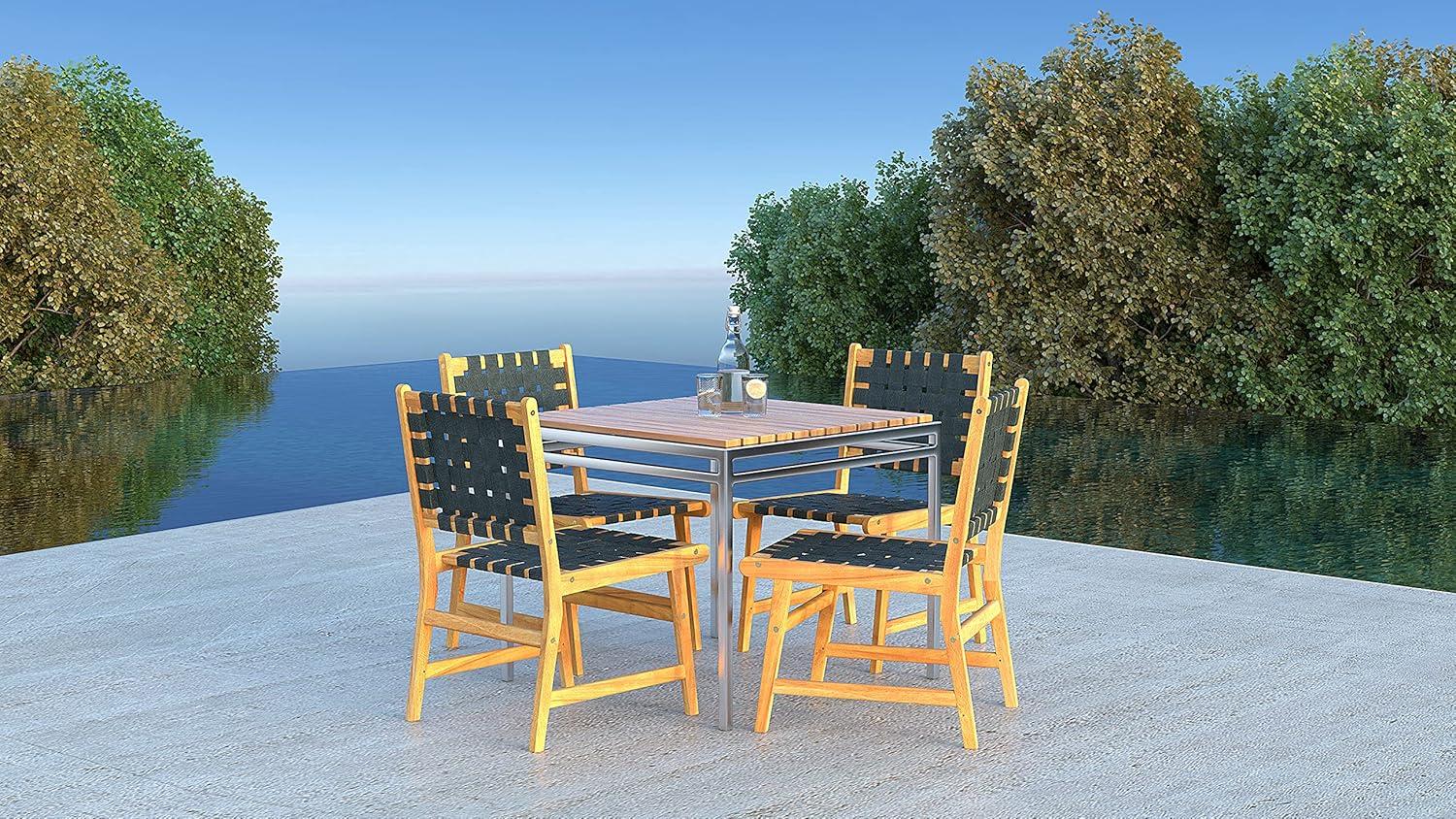 Balkene Home Sava Indoor Outdoor Armless Dining Side Chair, Portable Seating, Acacia Wood Woven Seat - Black Webbing