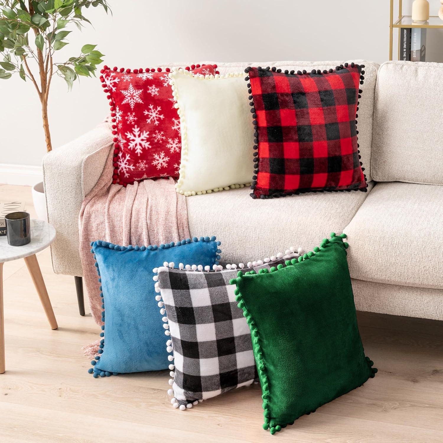 PAVILIA Set of 2 Pom Pom Throw Pillow Covers, Decorative Pompom Fringe Square Cushion Cases for Couch Sofa Bed