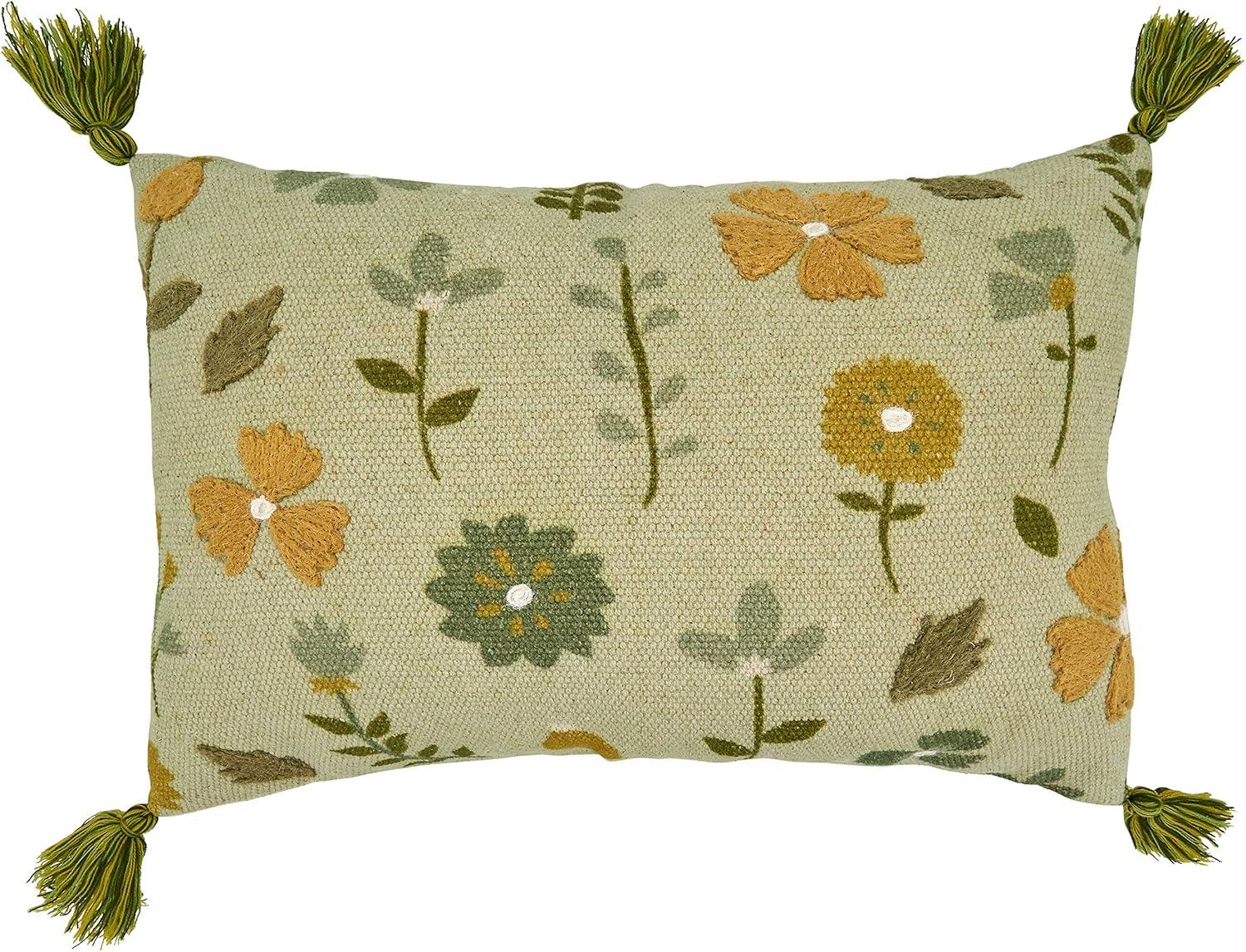 Green Floral Embroidered Cotton Pillow Cover with Tassels