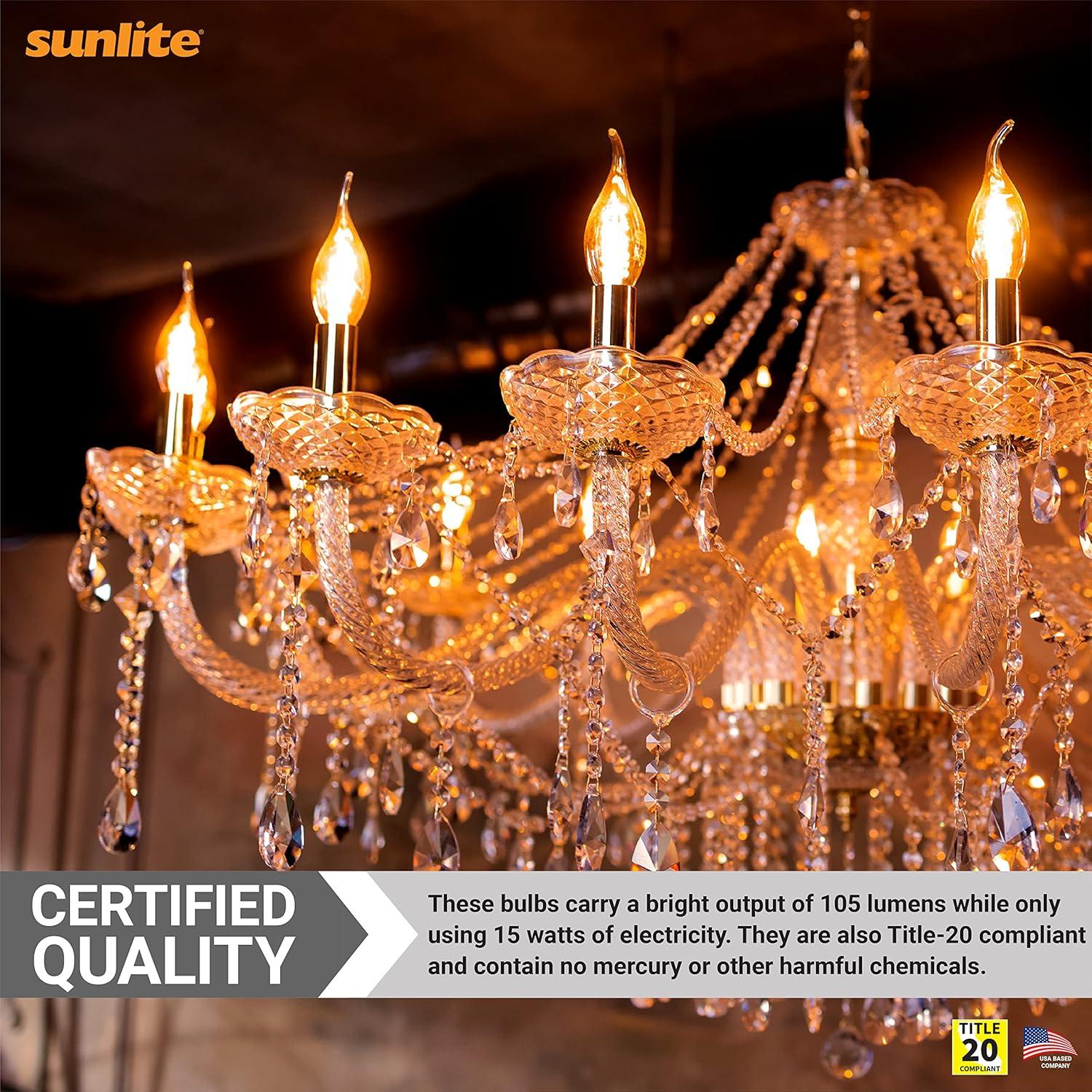 Sunlite 15CFC/25/12PK Flame Tip 15W Incandescent Petite Chandelier Light Bulb, Candelabra (E12) Base, Crystal Clear Bulb (12 Pack)