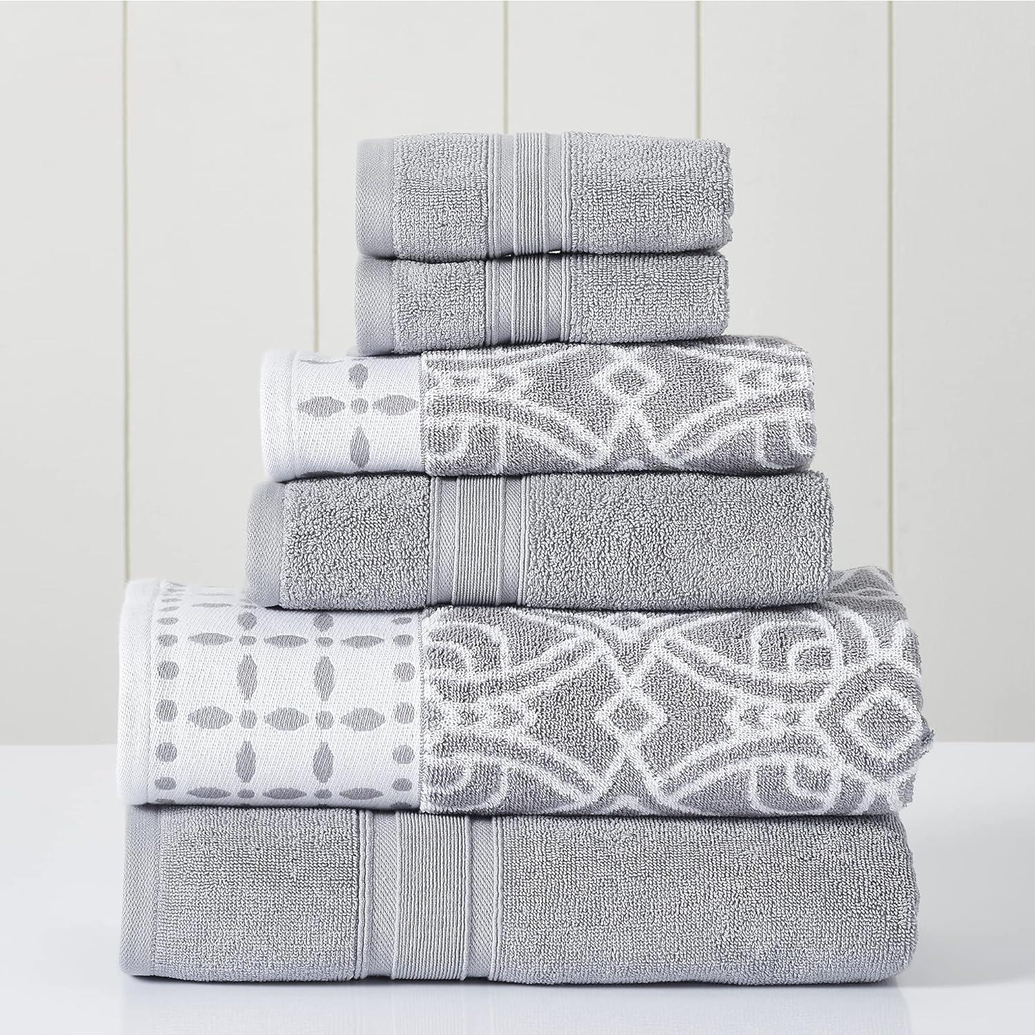 Stone Gray Cotton 6-Piece Towel Set with Medallion Design