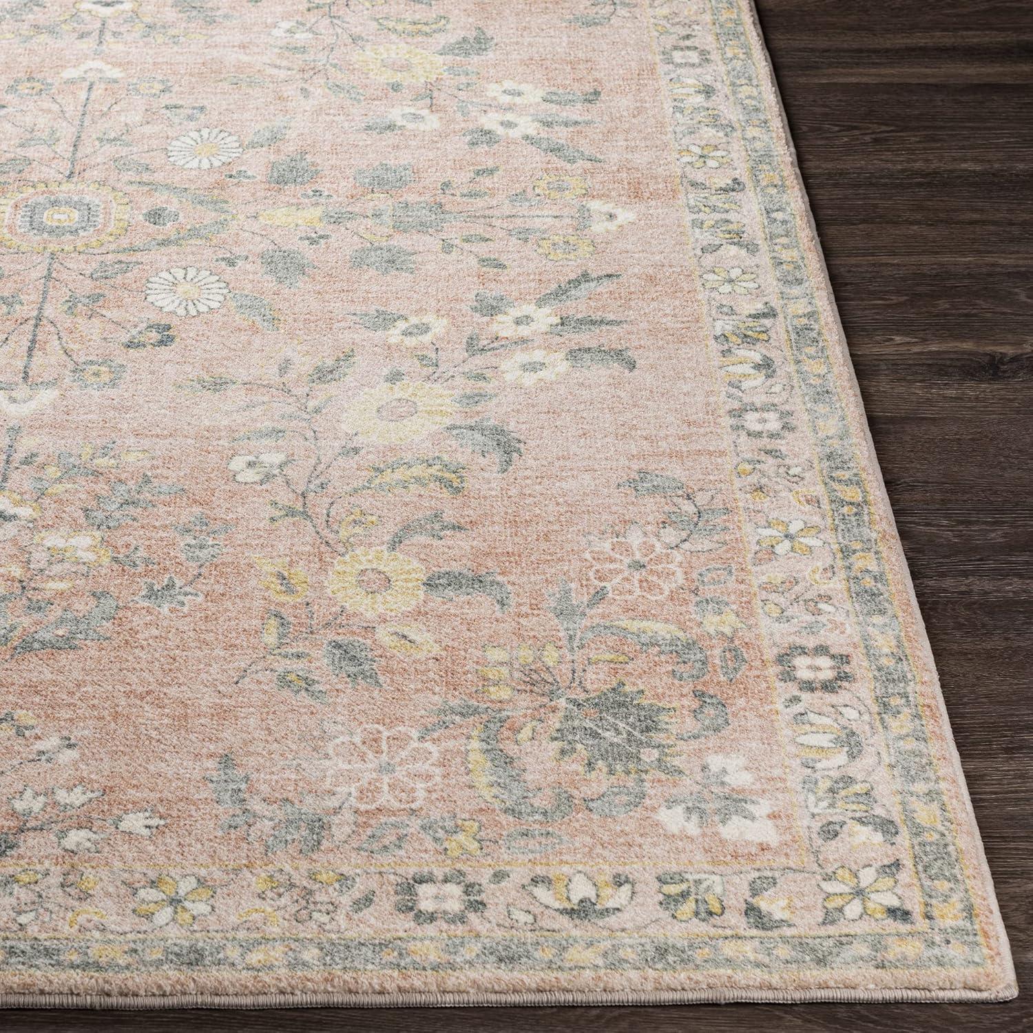 Pale Pink Floral Synthetic 5' x 7' Area Rug