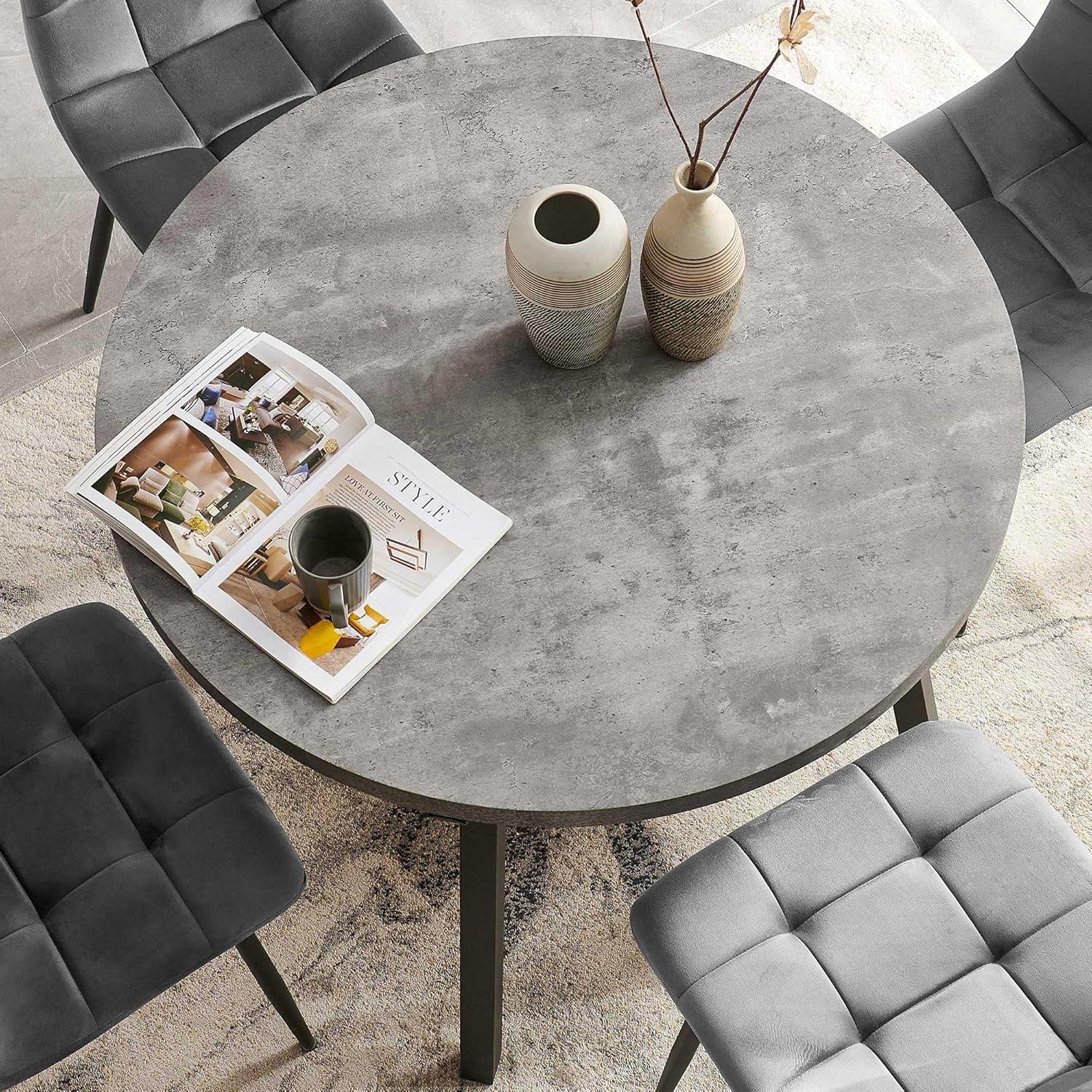 HAOYUN 4-Person Round Dining Table Set for Small Spaces, Industrial Style 37.4 Dia Grey Engineered Wood Kitchen Table with PU Dining Side Chairs, Dark Grey