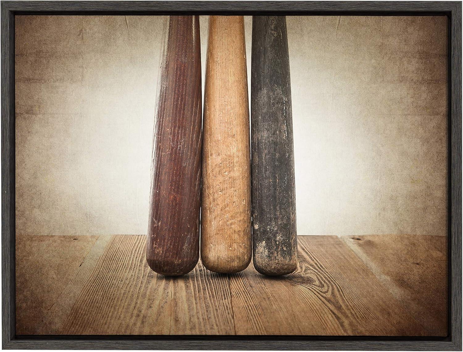 18"x24" Sylvie Three Vintage Bats Framed Canvas by Shawn St. Peter Gray - DesignOvation: Sports Artwork, Wall Decorations