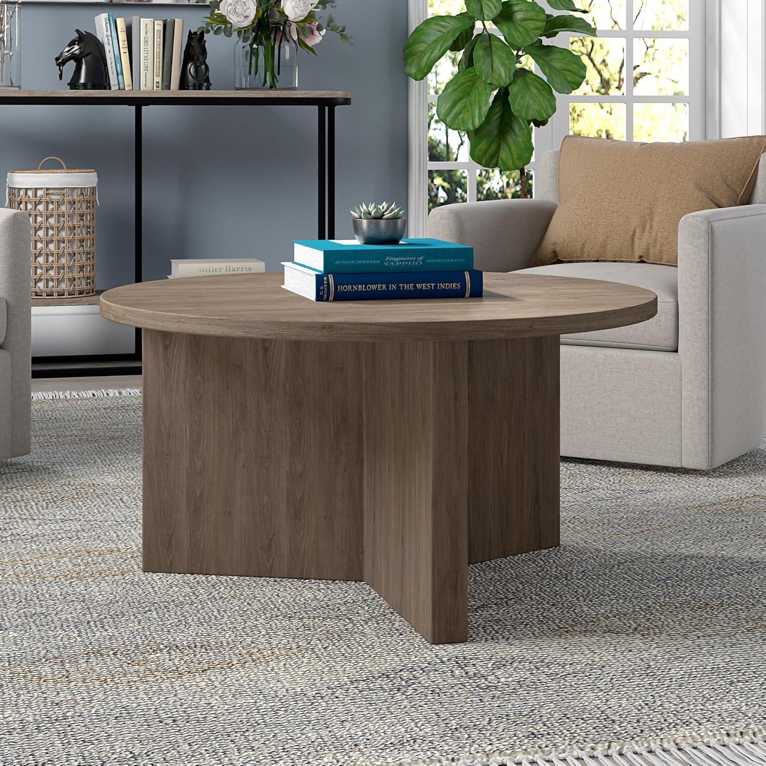 Evelyn&Zoe Anders Easy Assembly Round Medium Density Fiberboard Coffee Table, Antiqued Gray Oak