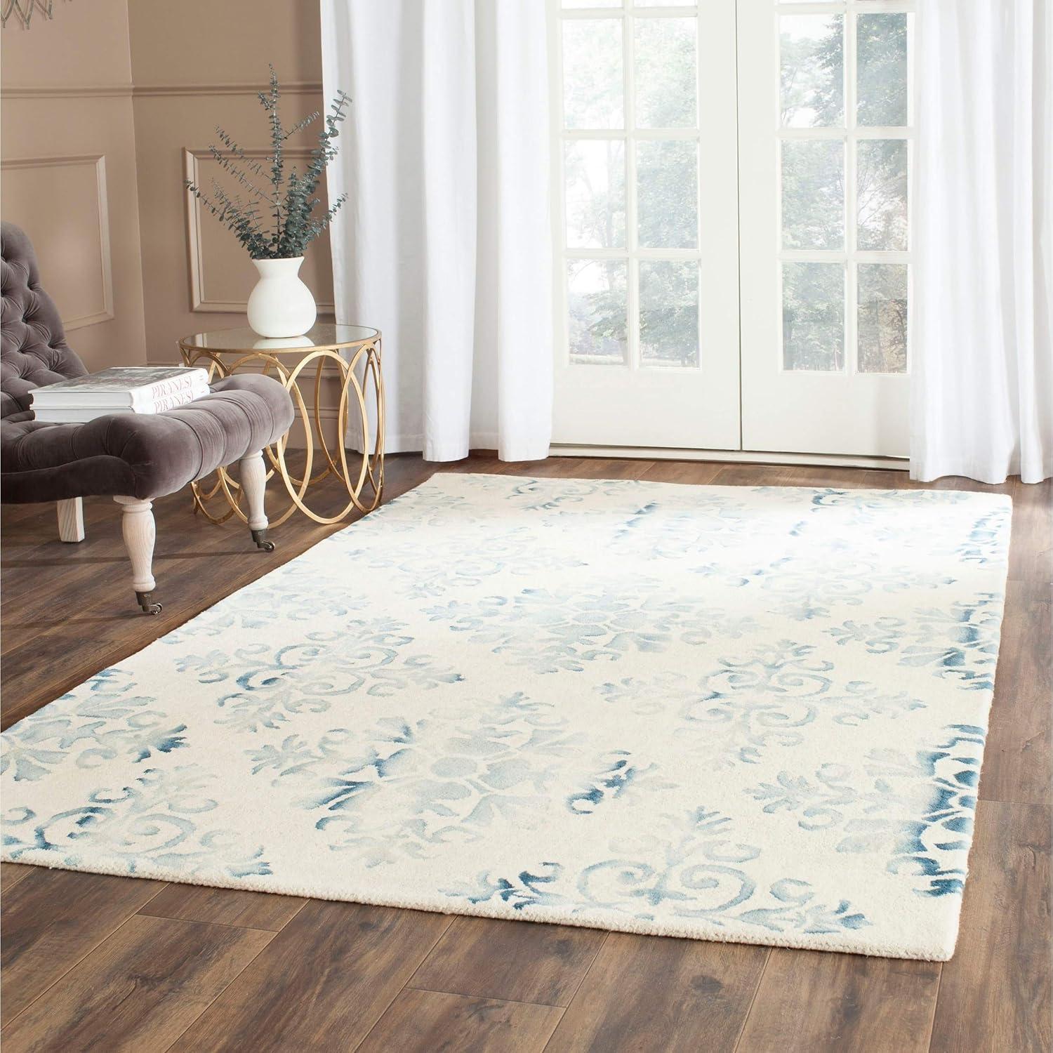 Elegant Ivory and Light Blue 7' Square Hand-Tufted Wool Area Rug