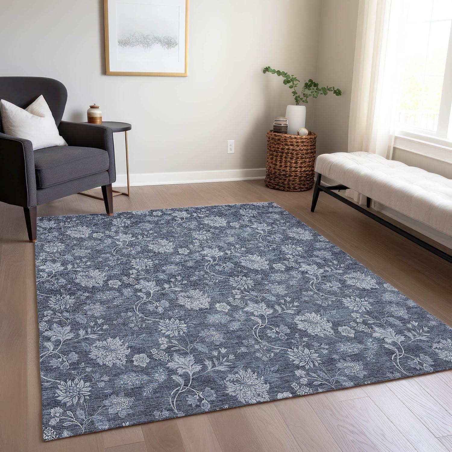 Blue Floral Synthetic Rectangular 8' x 10' Washable Rug