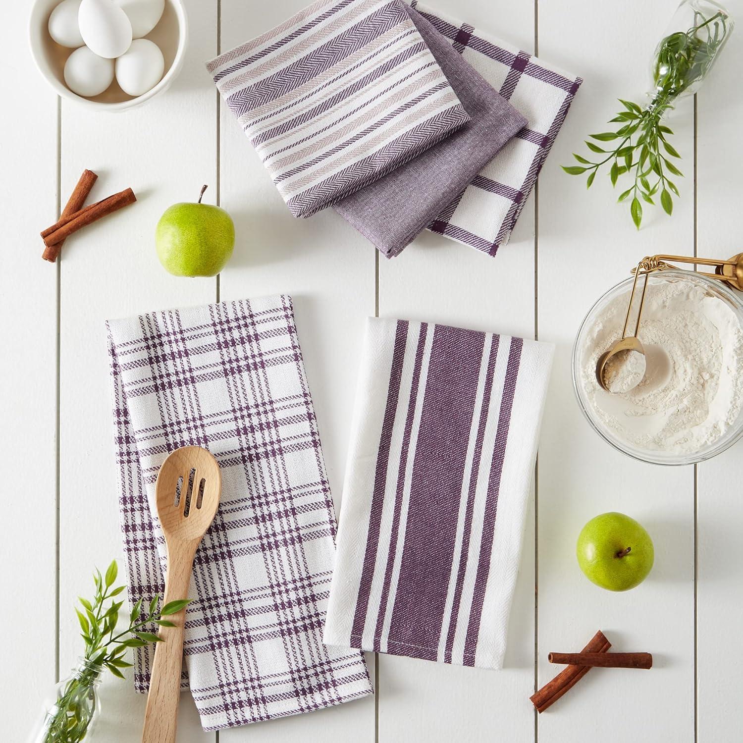 Eggplant Woven Dishtowels, Assorted Design - Set of 5