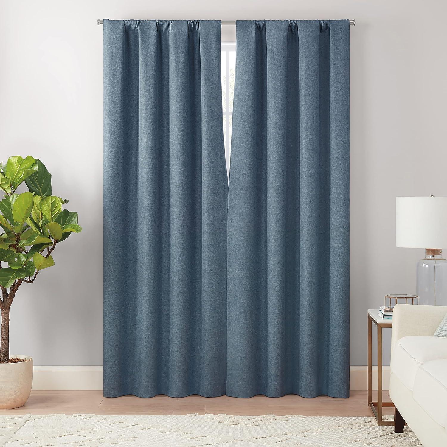 Denim Blue Polyester Blackout Rod Pocket Curtain Panel