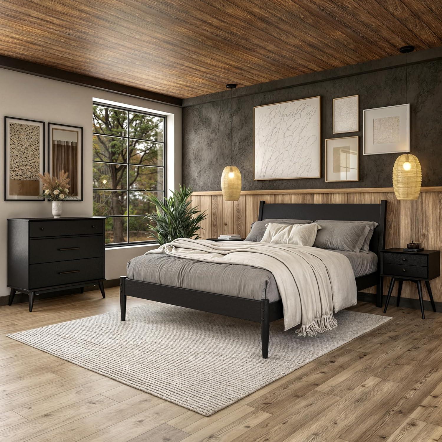 Camaflexi Mid Century Platform Bed Wood Panel Bed Frame with Headboard, Queen, White