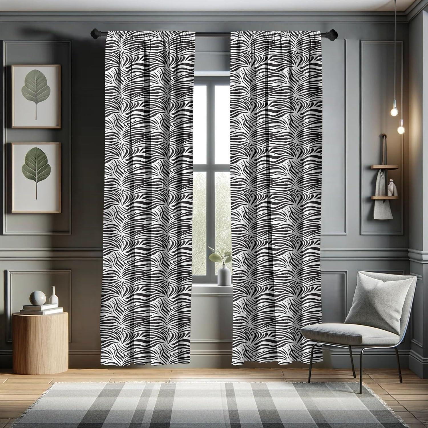 Zebra Print Black and White Microfiber Room-Darkening Curtain Panels, 28" x 63"