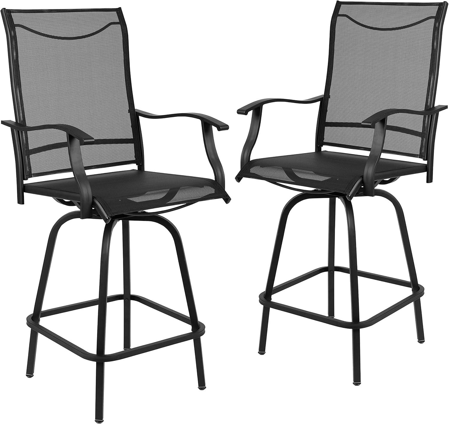 Flash Furniture Patio Bar Height Stools Set of 2, All-Weather Textilene Swivel Patio Stools and Deck Chairs with High Back & Armrests in Black