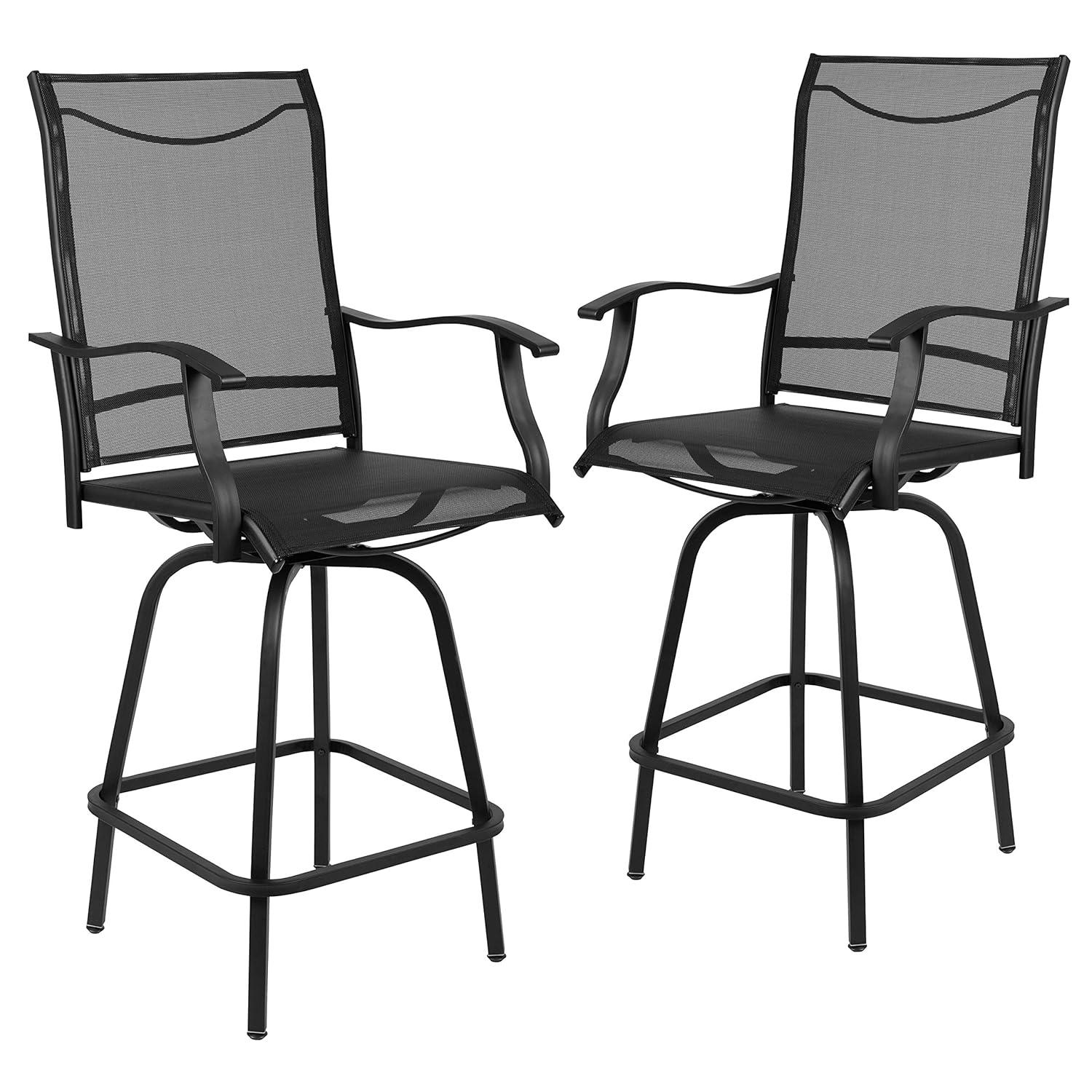 Flash Furniture Patio Bar Height Stools Set of 2, All-Weather Textilene Swivel Patio Stools and Deck Chairs with High Back & Armrests in Black