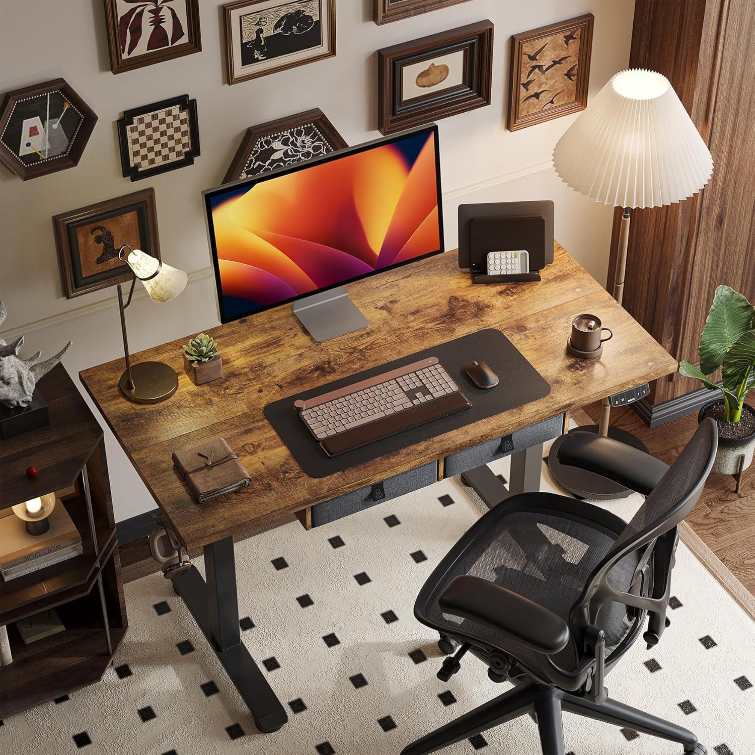 Rustic Brown Adjustable Height Standing Desk with Drawers and Shelf