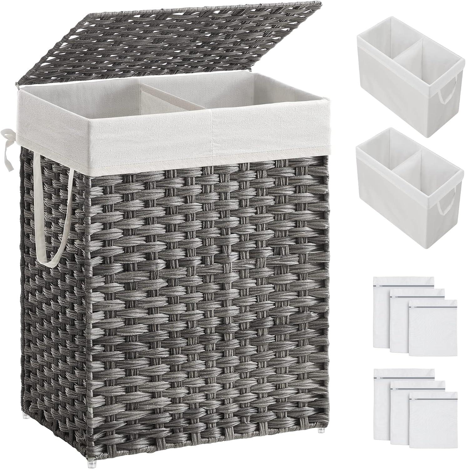 Gray Wicker Collapsible Laundry Hamper with Lid for Kids