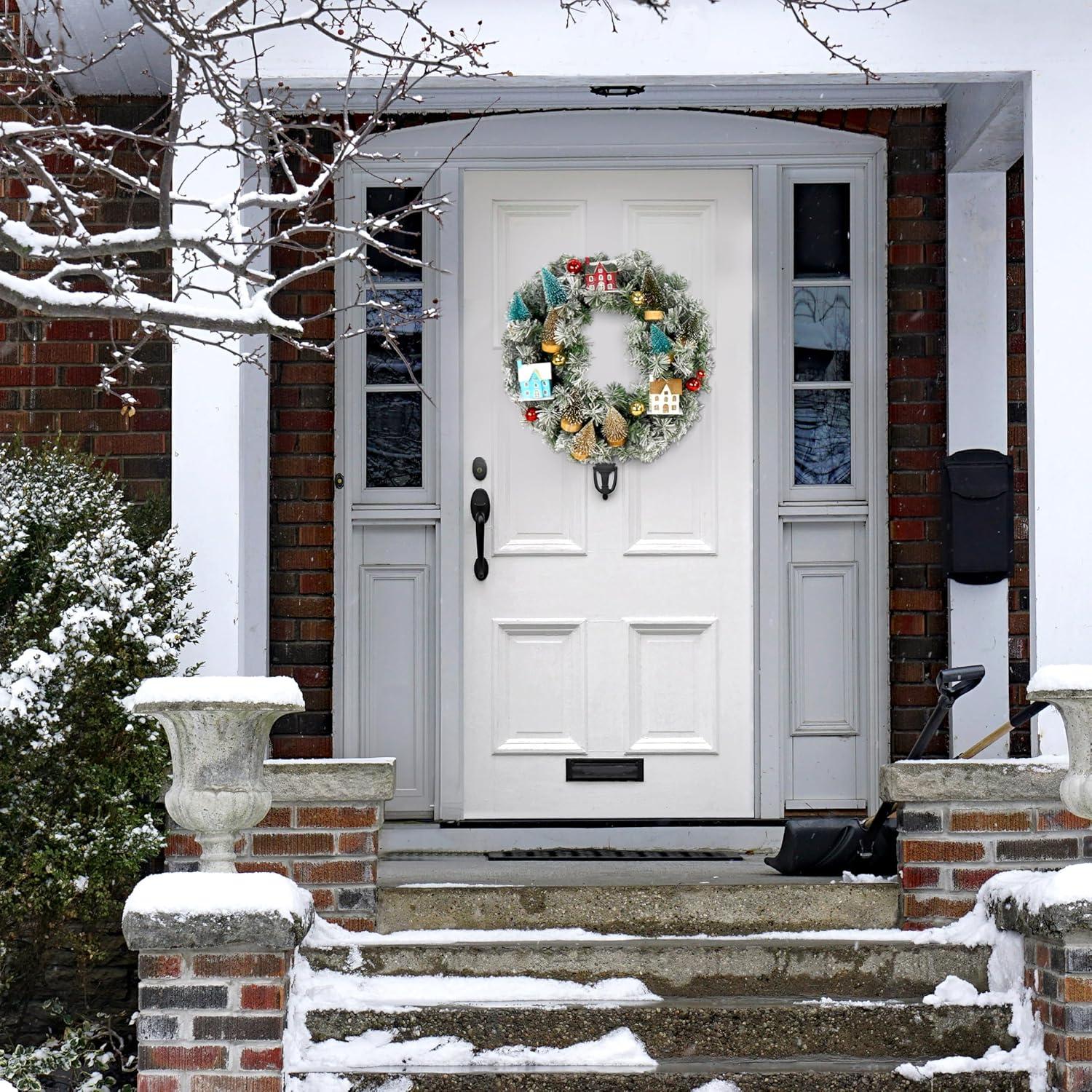 Fraser Hill Farm 24-in. Christmas Snowy Wreath Door Hanging with Ornaments, Wood Houses, Green