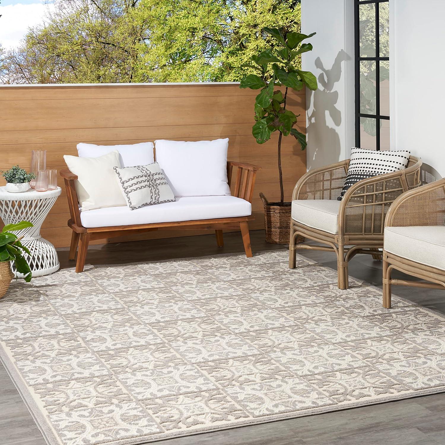Nourison Aloha Modern Mosaic Flatweave High-Low Indoor Outdoor Area Rug Ivory Grey 6' x 9'