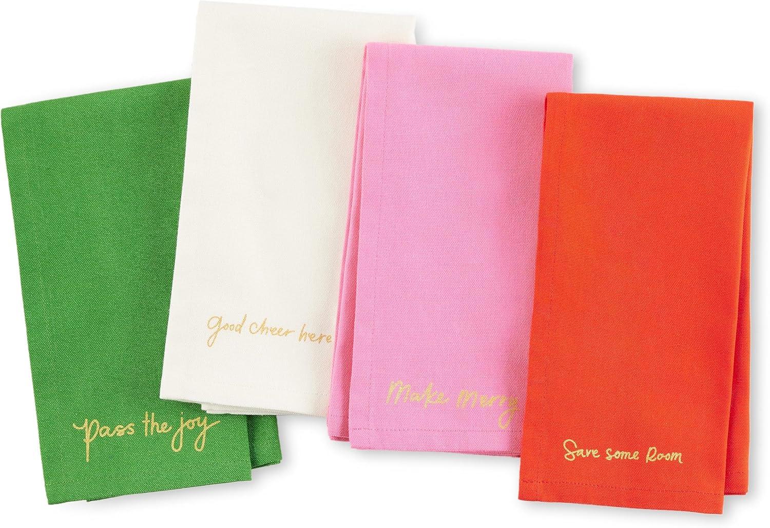 Holiday Cheers Cotton Napkins Set with Metallic Quotes, 20" x 20"