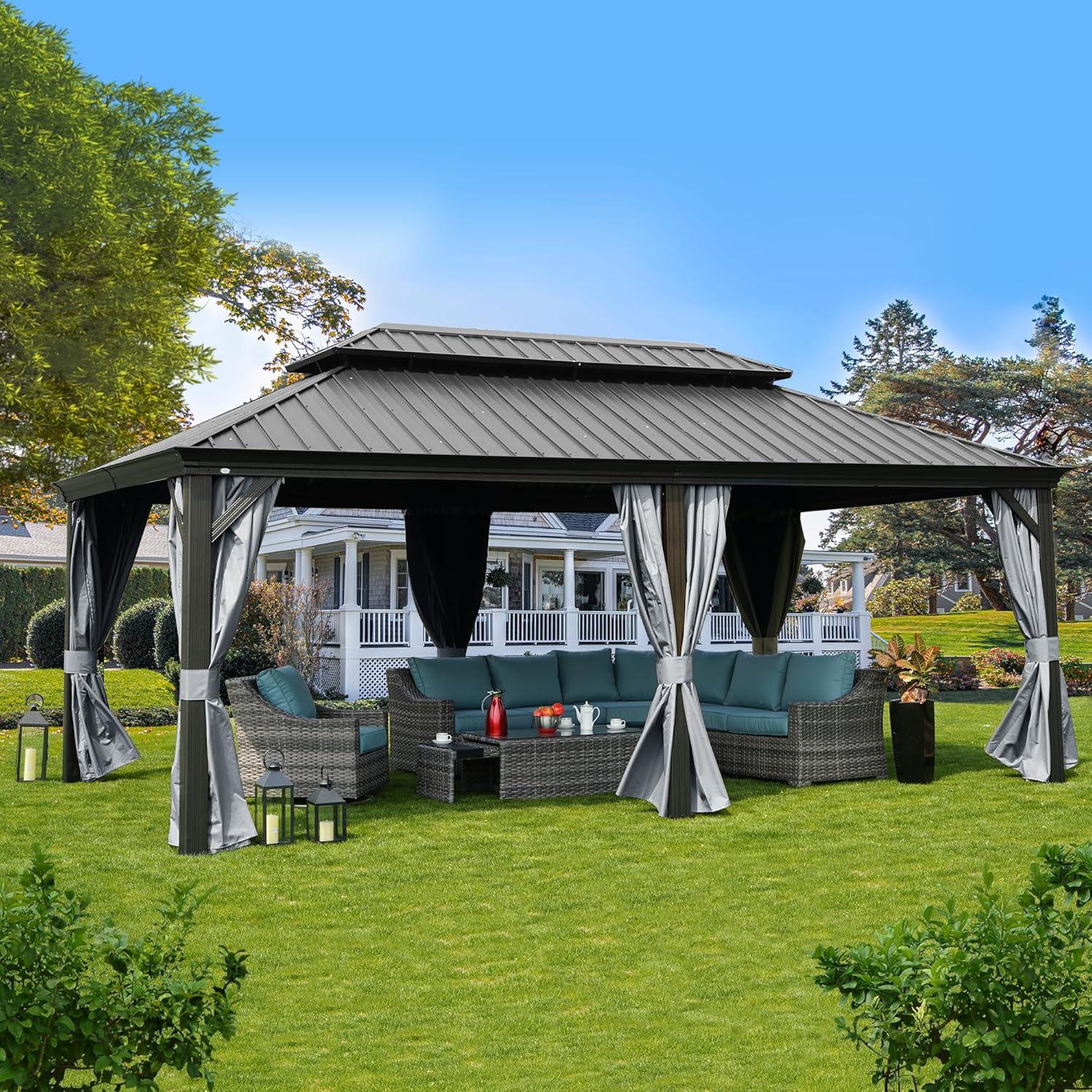 Gray Aluminum and Steel Hardtop Gazebo with Curtains and Netting