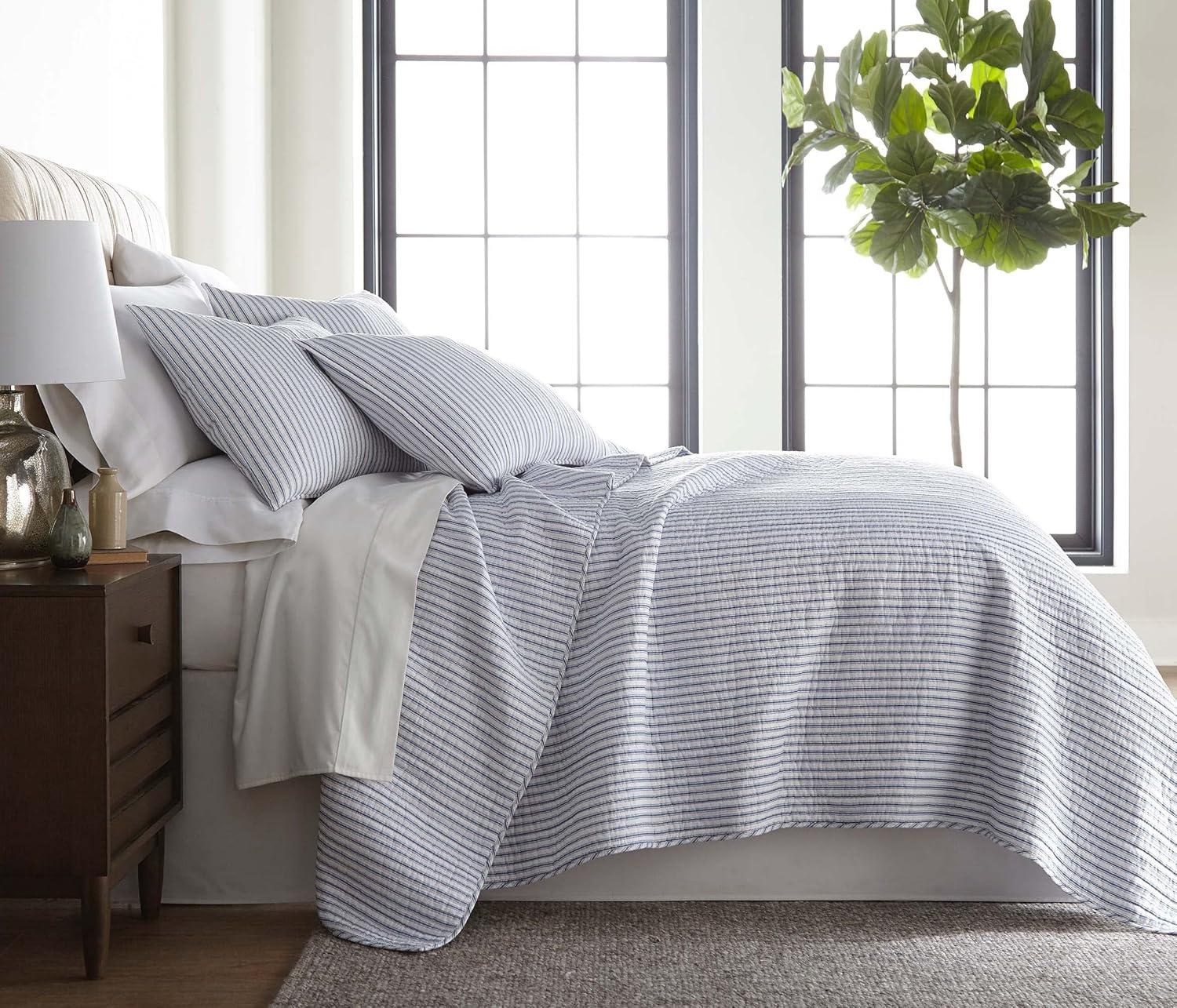 Tobago Stripe Blue Quilt Set - One Full/Queen Quilt and Two Standard Shams - Levtex Home