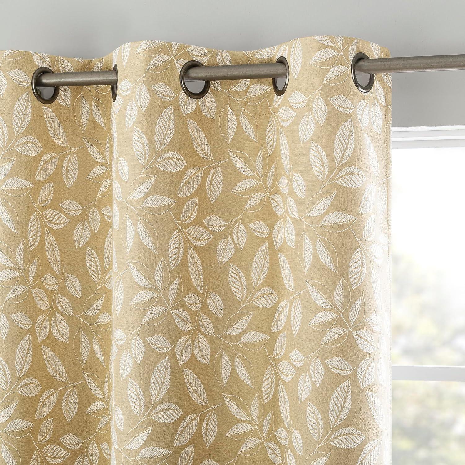 Gold Embroidered Leaf Blackout Grommet Curtain Panel 40" x 84"