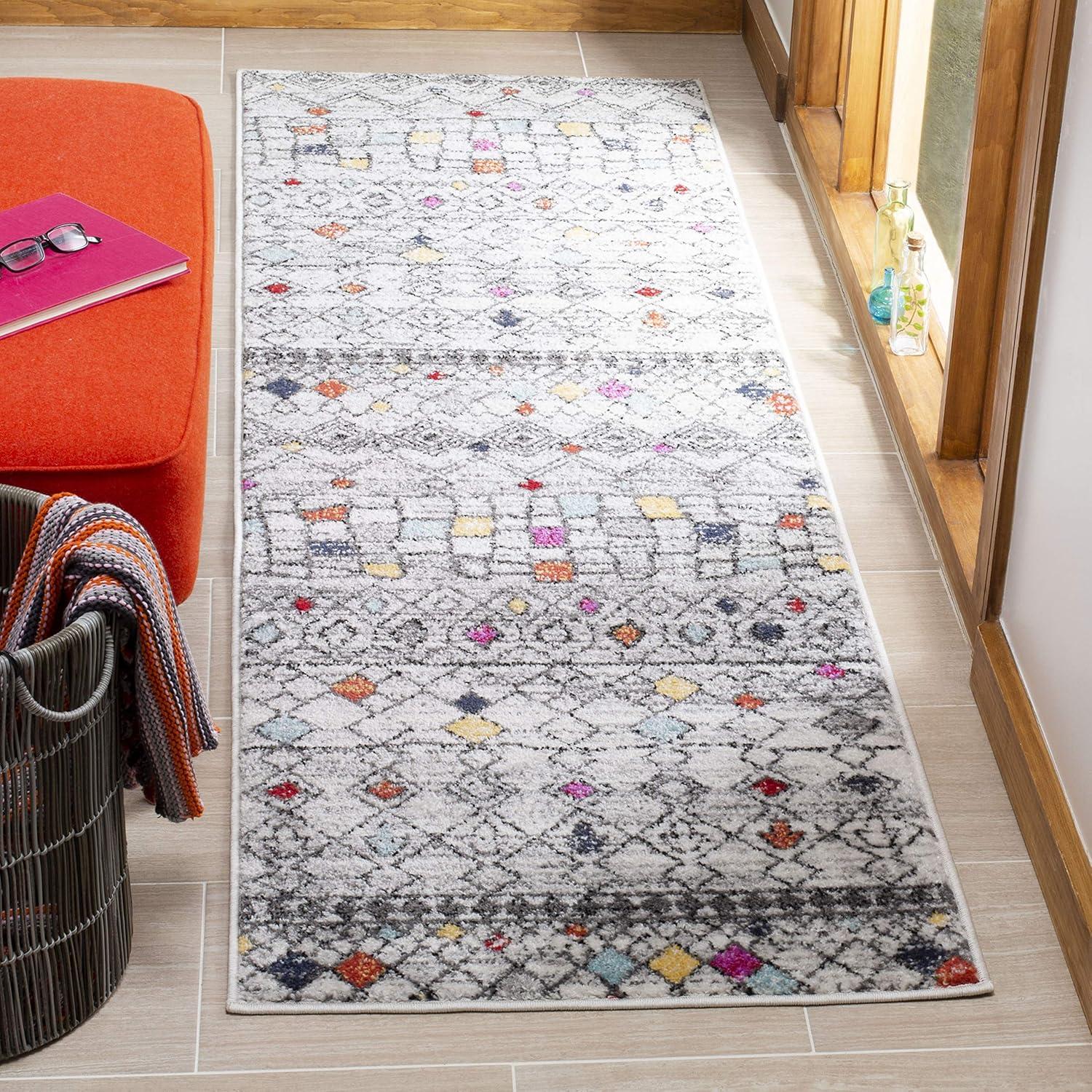 Light Grey and Fuchsia Moroccan Boho Runner Rug