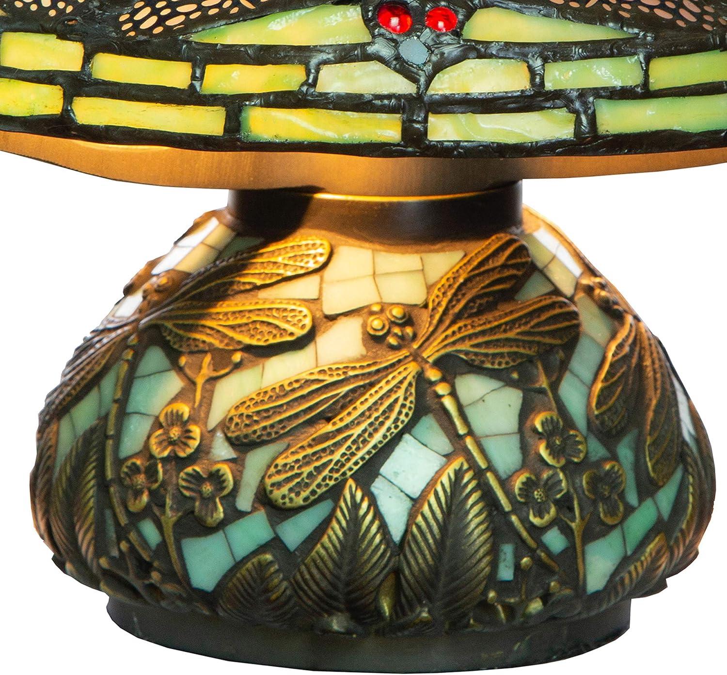 Bronze Mission 10" Stained Glass Dome Table Lamp with Dragonfly Mosaic Base