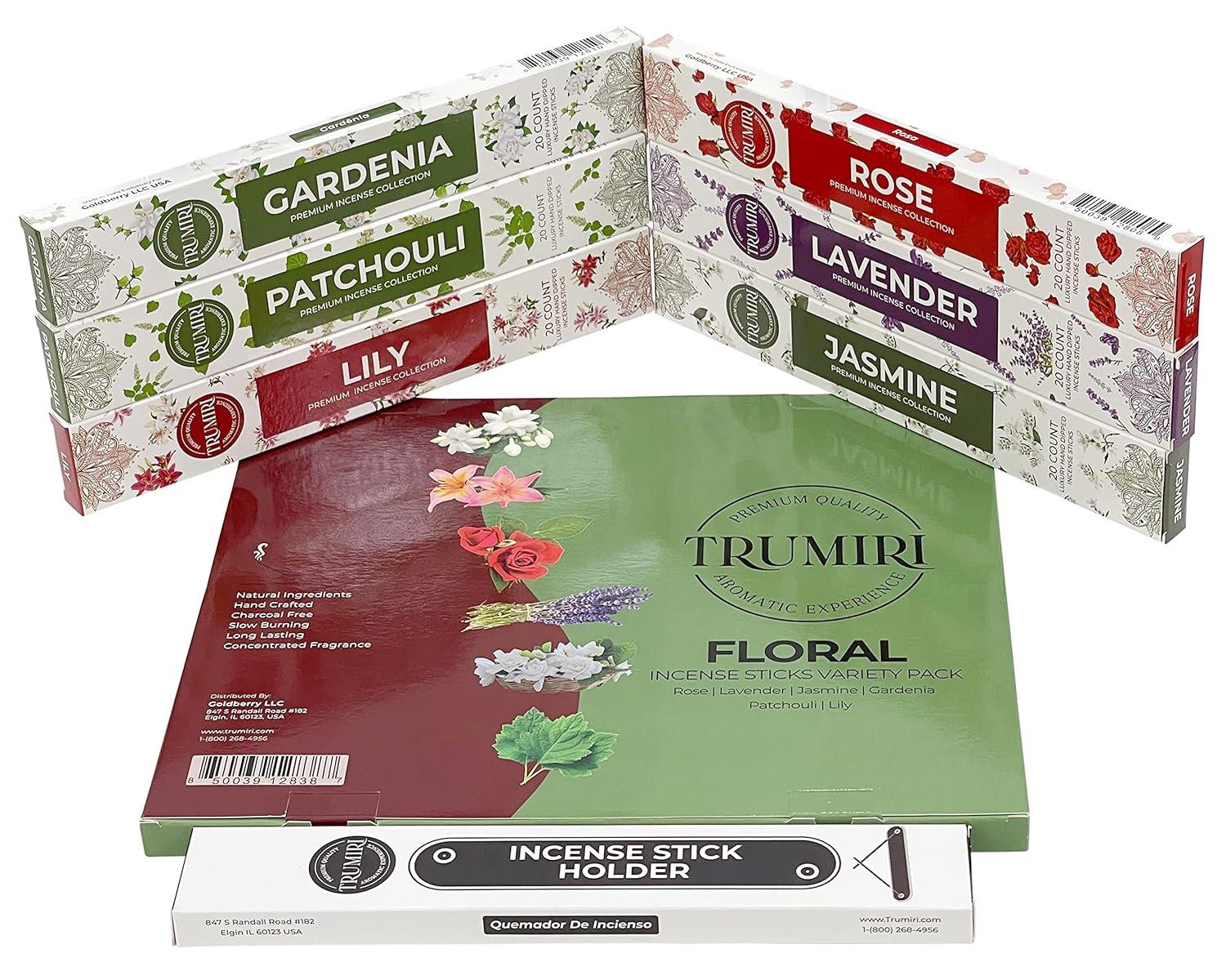 Trumiri Floral Incense Sticks Variety Pack & Incense Burner - Gift Set - 120 Inciensos Aromaticos (6 fragrances x 20 pieces each) - Rose, Lavender, Jasmine, Gardenia, Patchouli, Lily