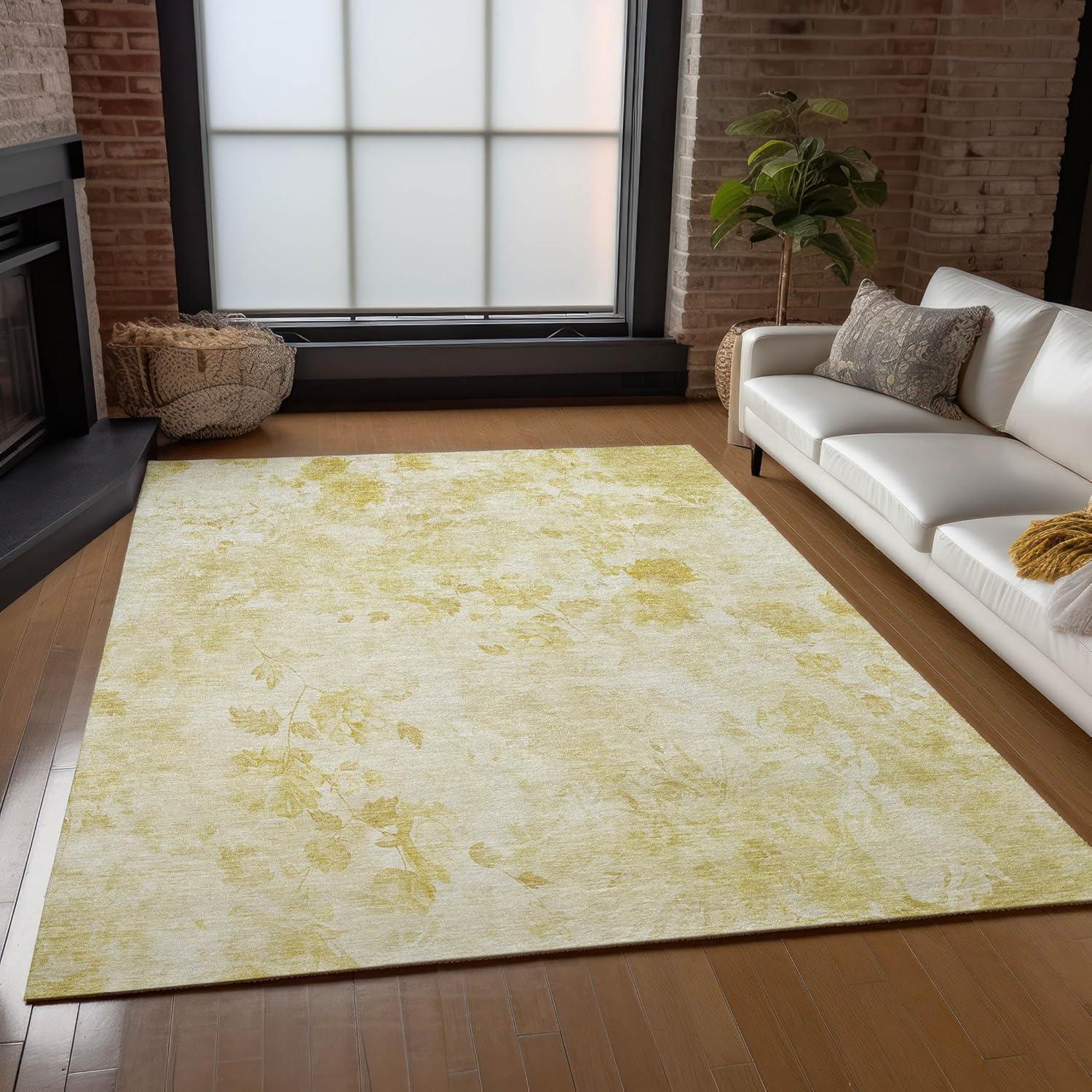 Gold Floral Synthetic Rectangular Washable Area Rug