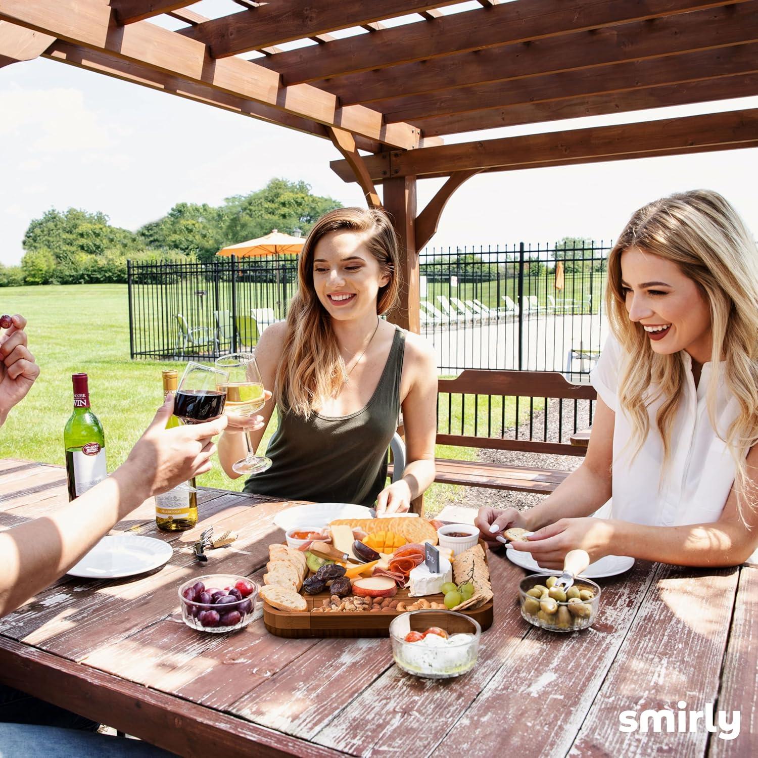 SMIRLY Charcuterie Board Set Large Bamboo Cheese Board with Fruit Tray & 2 Ceramic Bowls
