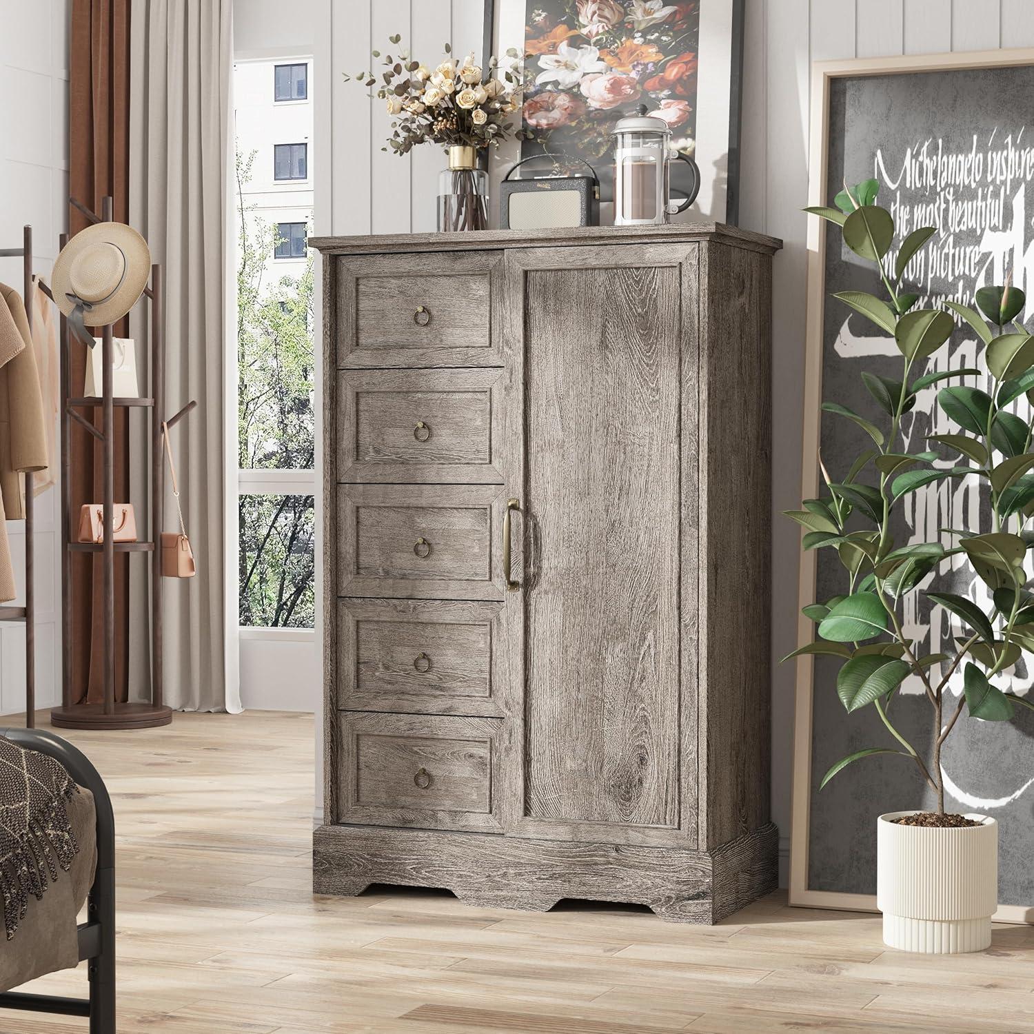 Gracie Oaks 5 Drawers Dresser With Cabinet, 48" Tall Chest, Wooden Closet Dresser With Sliding Barn Door For Living Room, Hallway