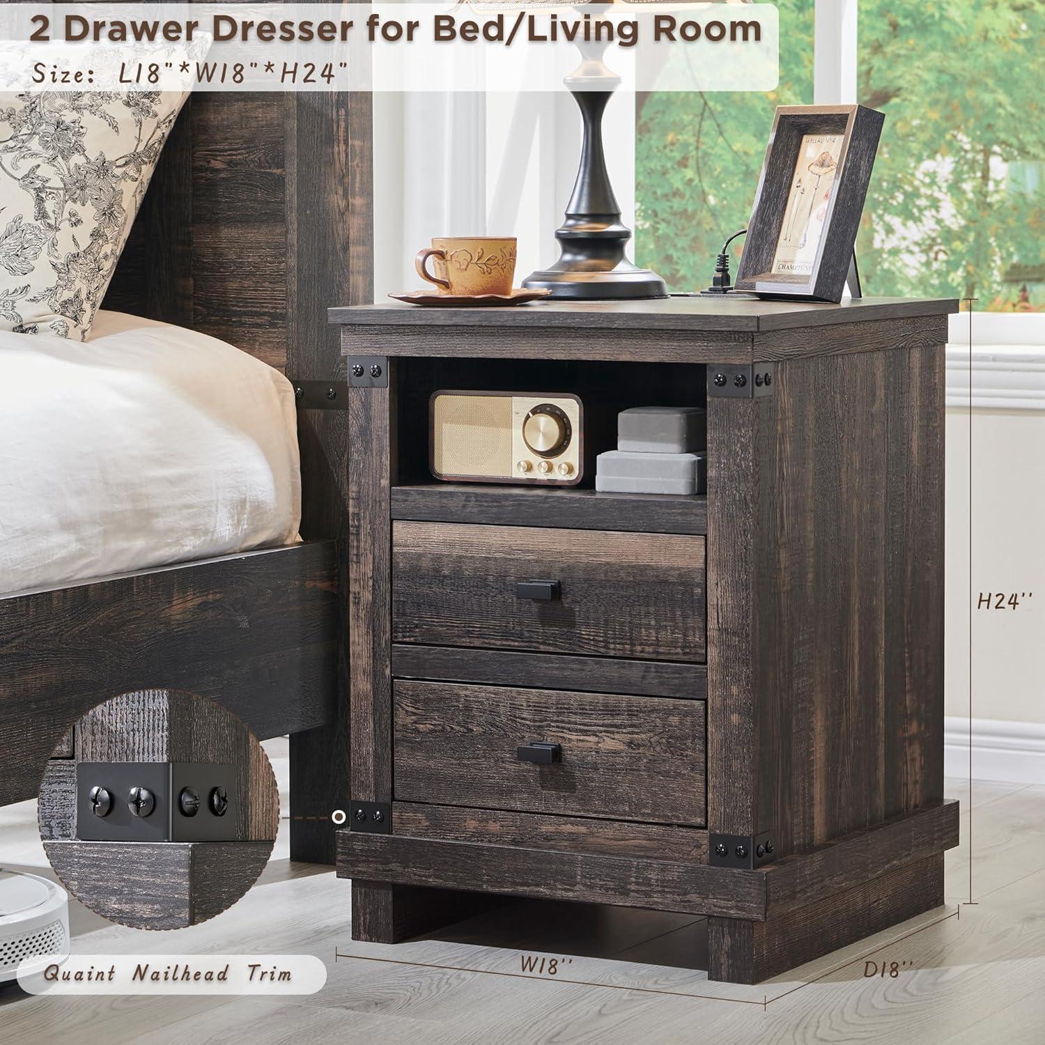SinCiDo Nightstand with Charging Station, 18″ Farmhouse Night Stand with 2 Drawers, Wood Rustic End Table, Antique White