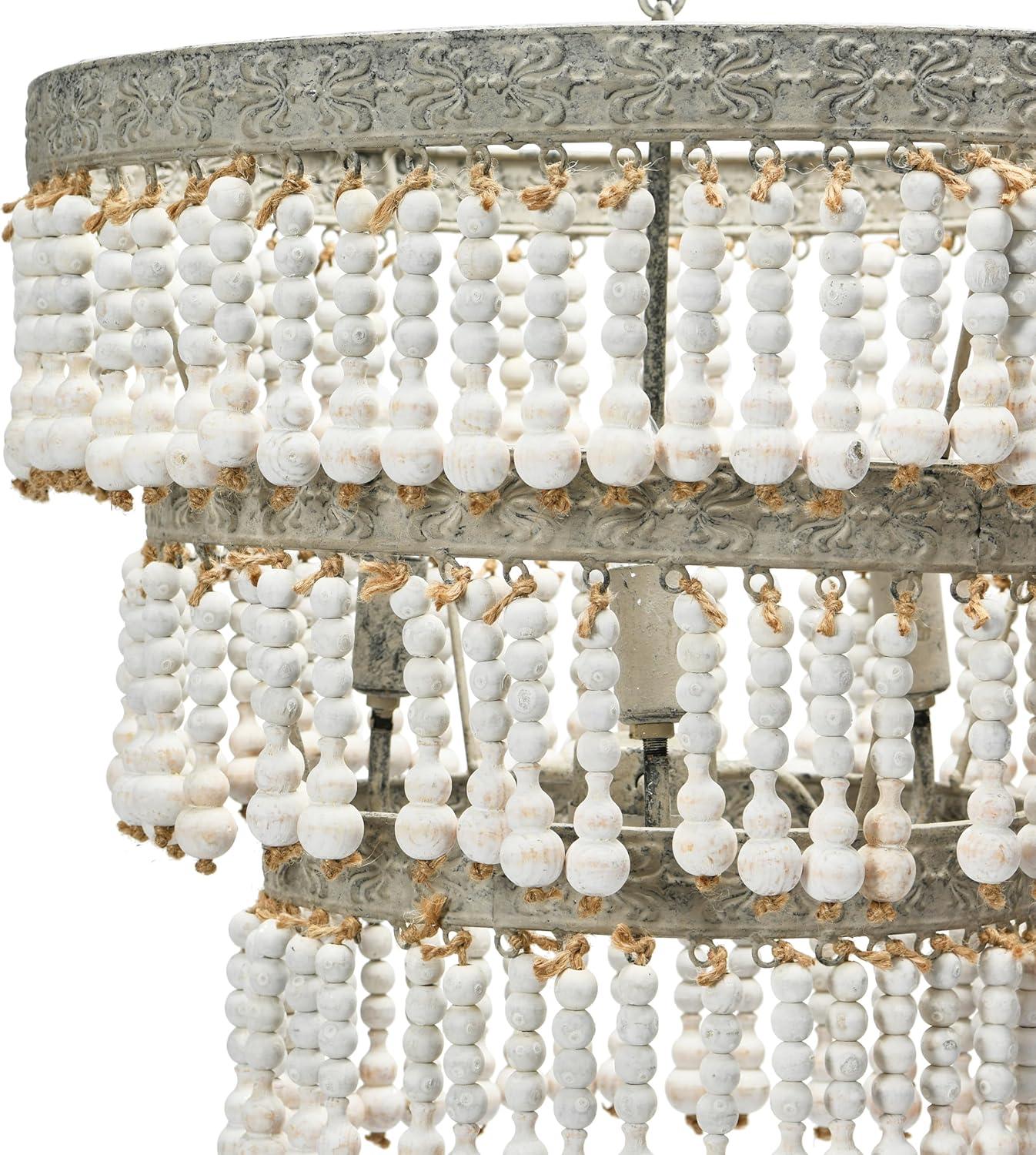 3-Tier Round Metal Chandelier with 3 Lights and Hanging Wood Beads Cream - Storied Home: Antique Bohemian Ceiling Fixture, UL Listed